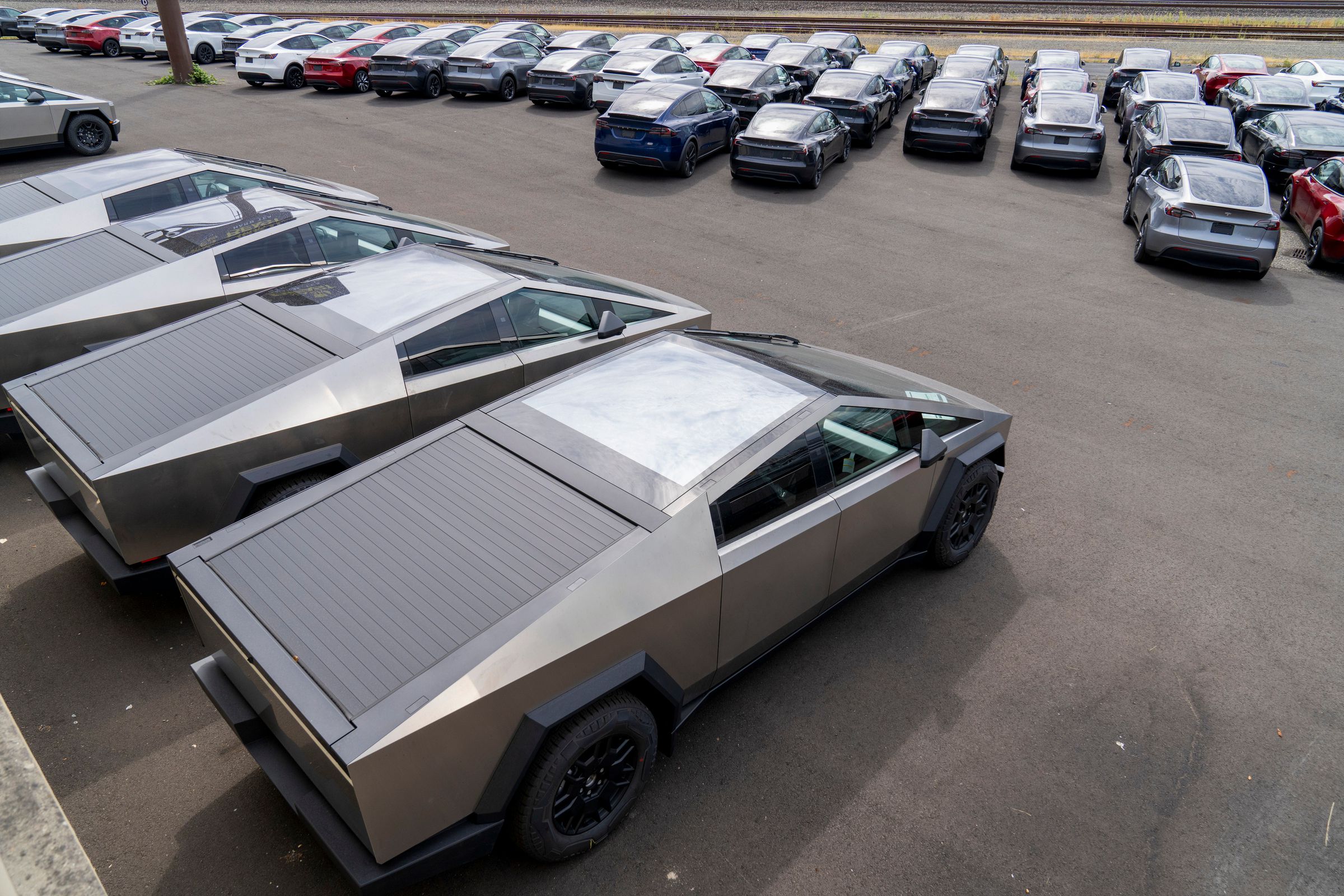 New Tesla Vehicles At A Logistics Drop Zone In Seattle