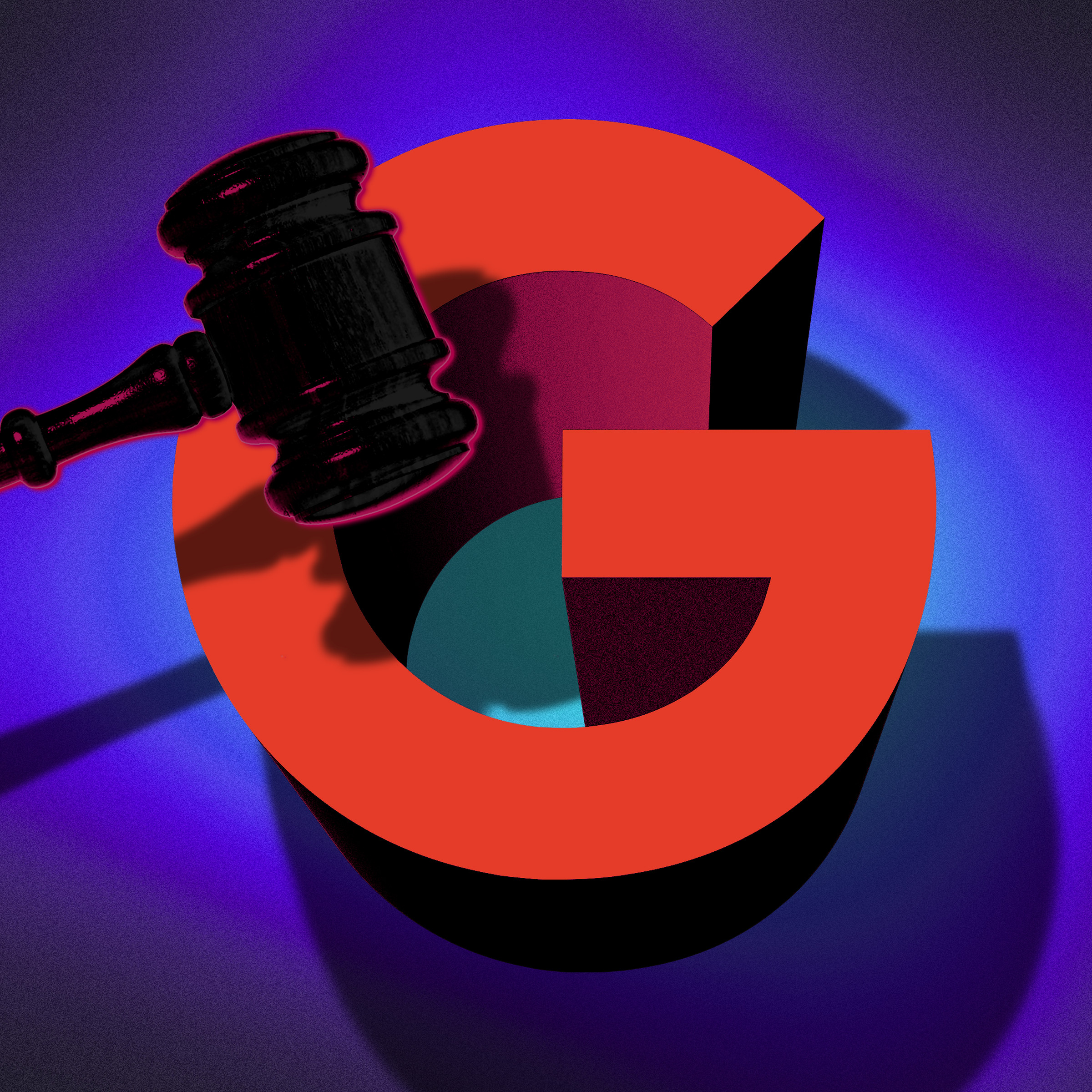 Photo illustration of a gavel casting a shadow over the Google logo