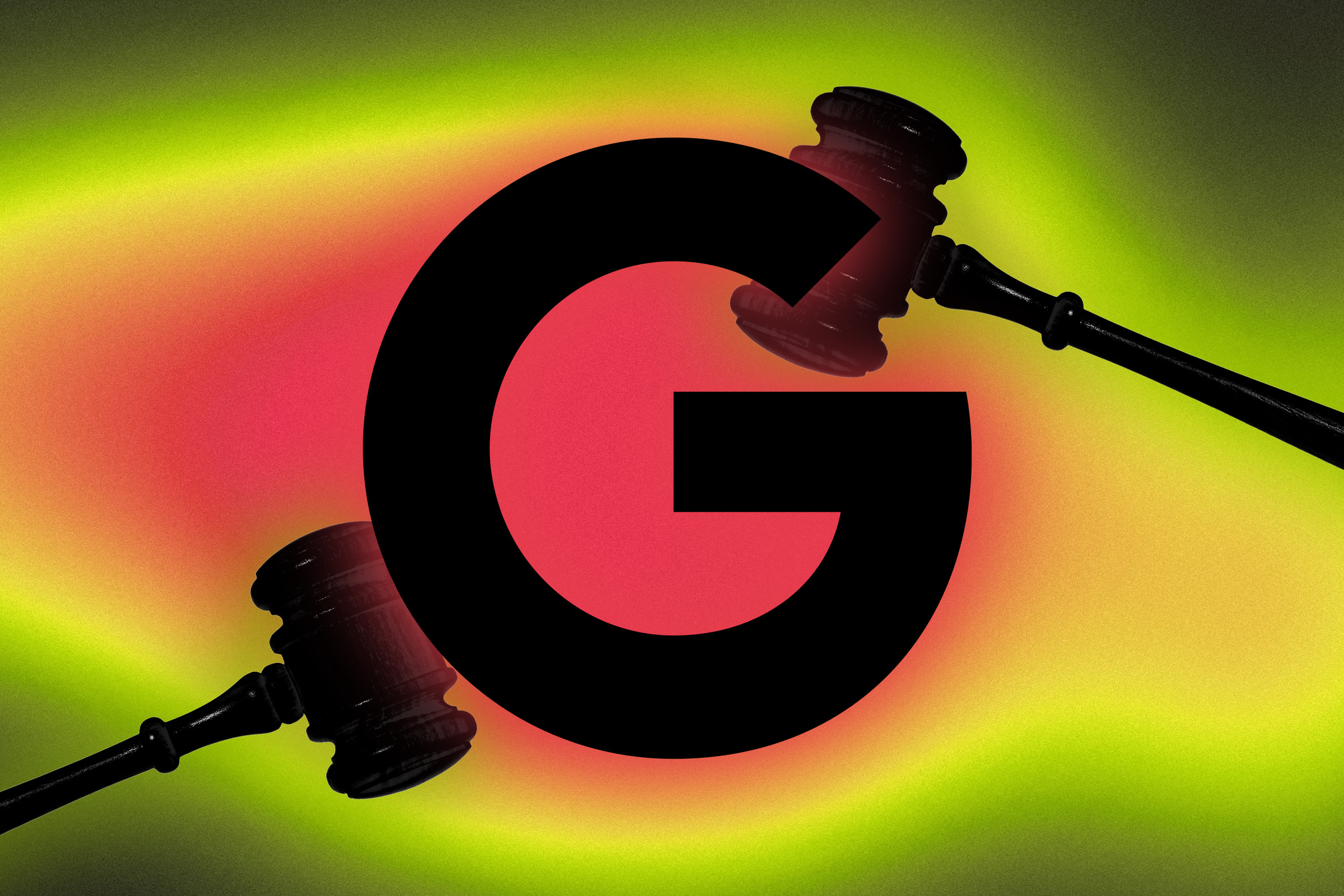 Photo illustration of the Google logo with gavels in the background