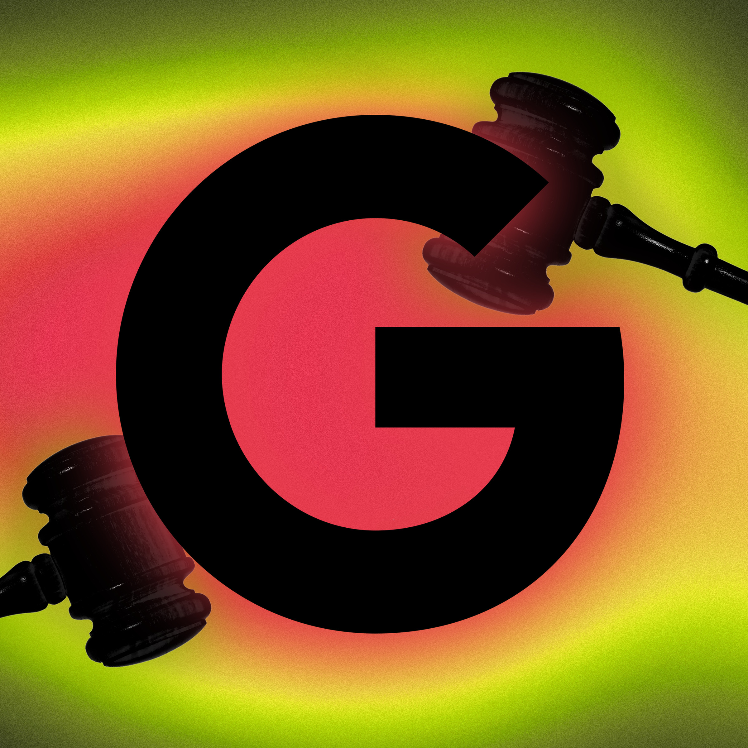 Photo illustration of the Google logo with gavels in the background