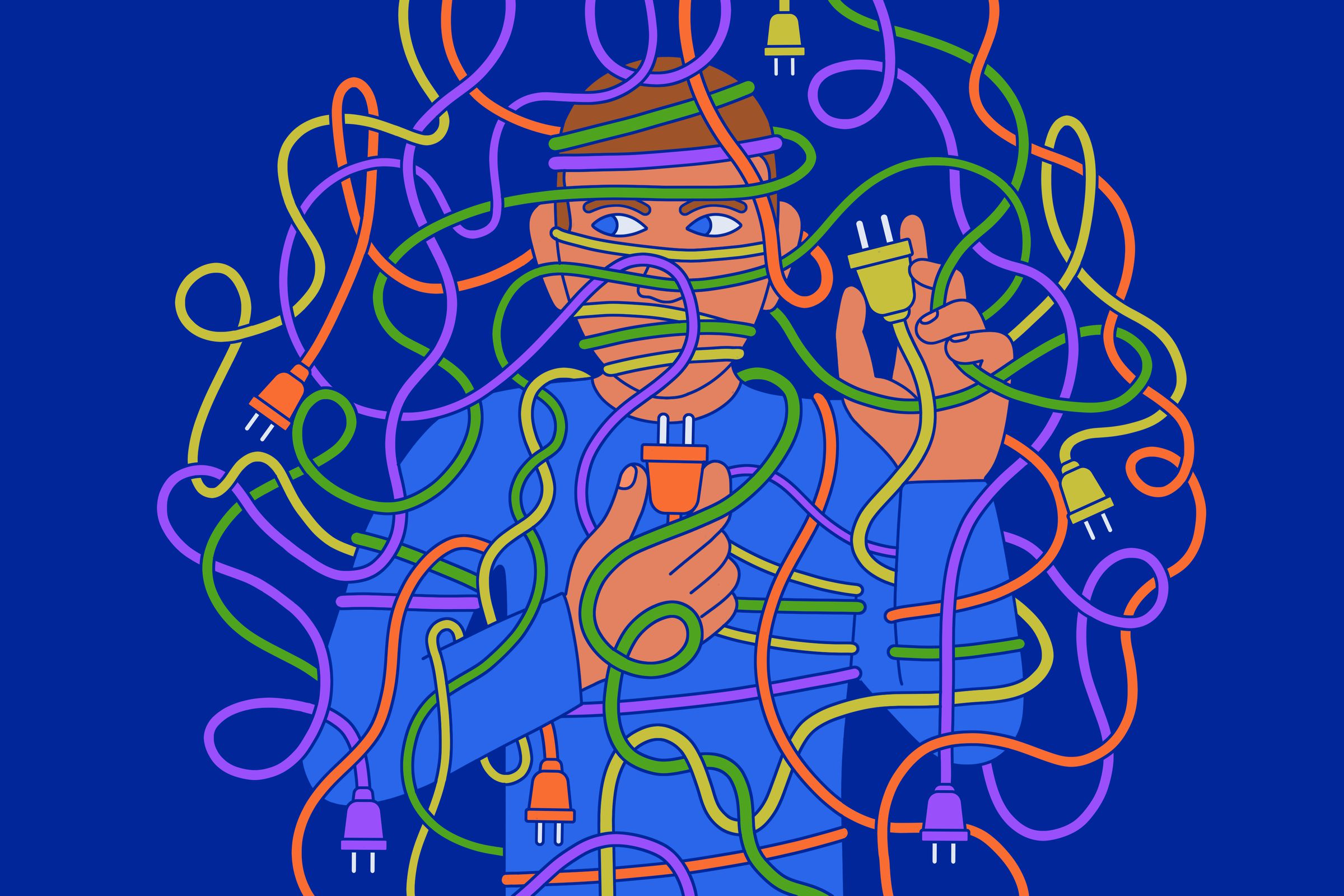 Illustration of a person tangled up in all their cables.