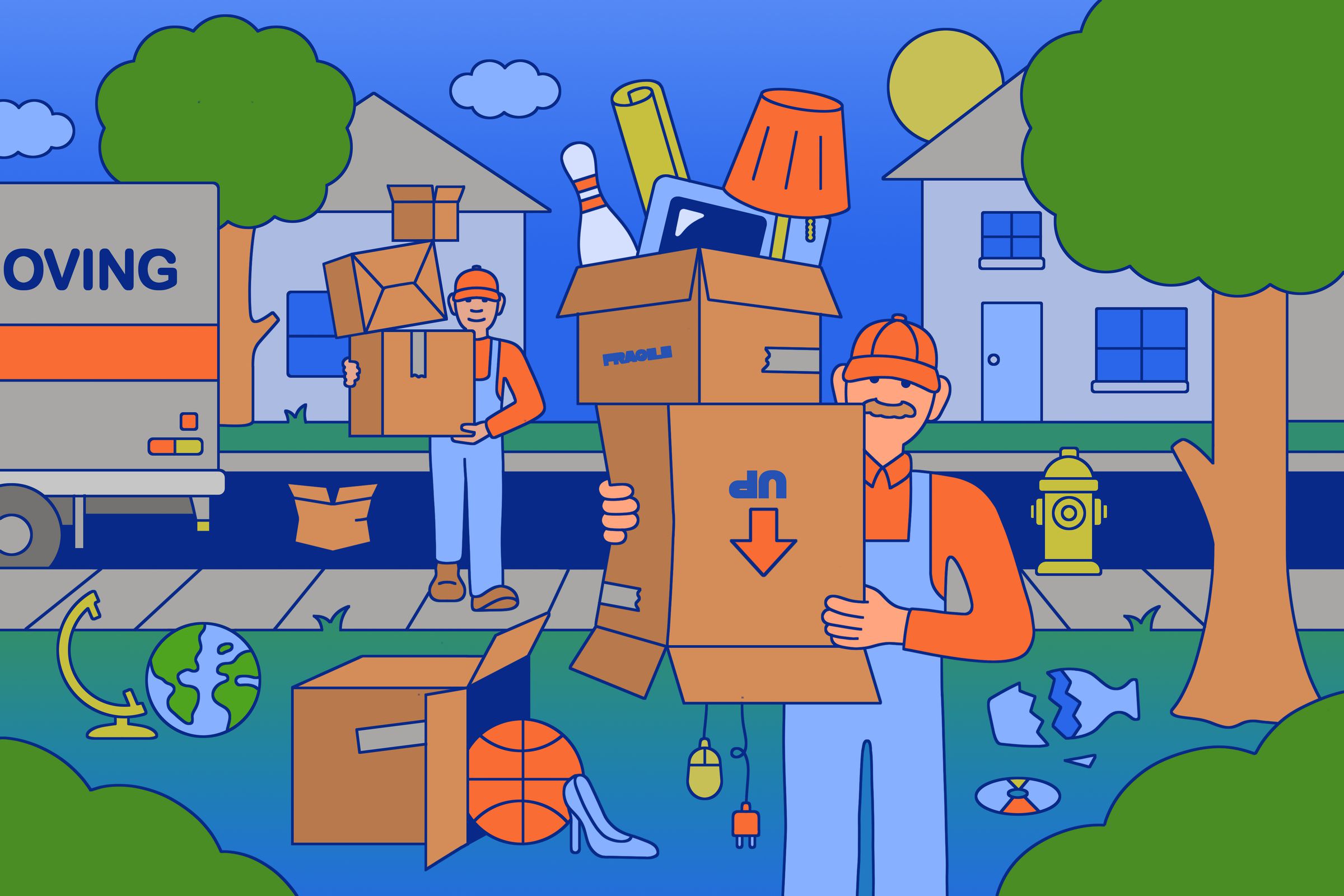 Illustration of two professional movers carrying belongings in cardboard boxes that are falling apart.