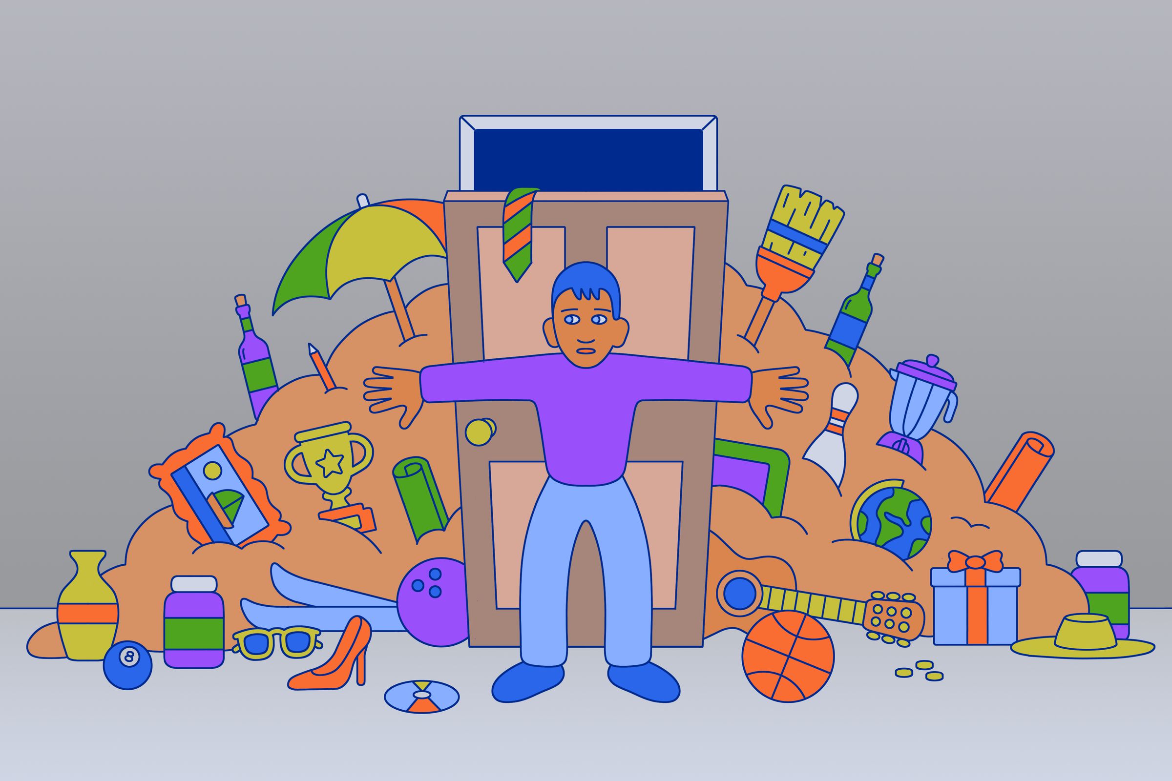 Illustration of a person holding back a mountain of stuff on the other side of a door.