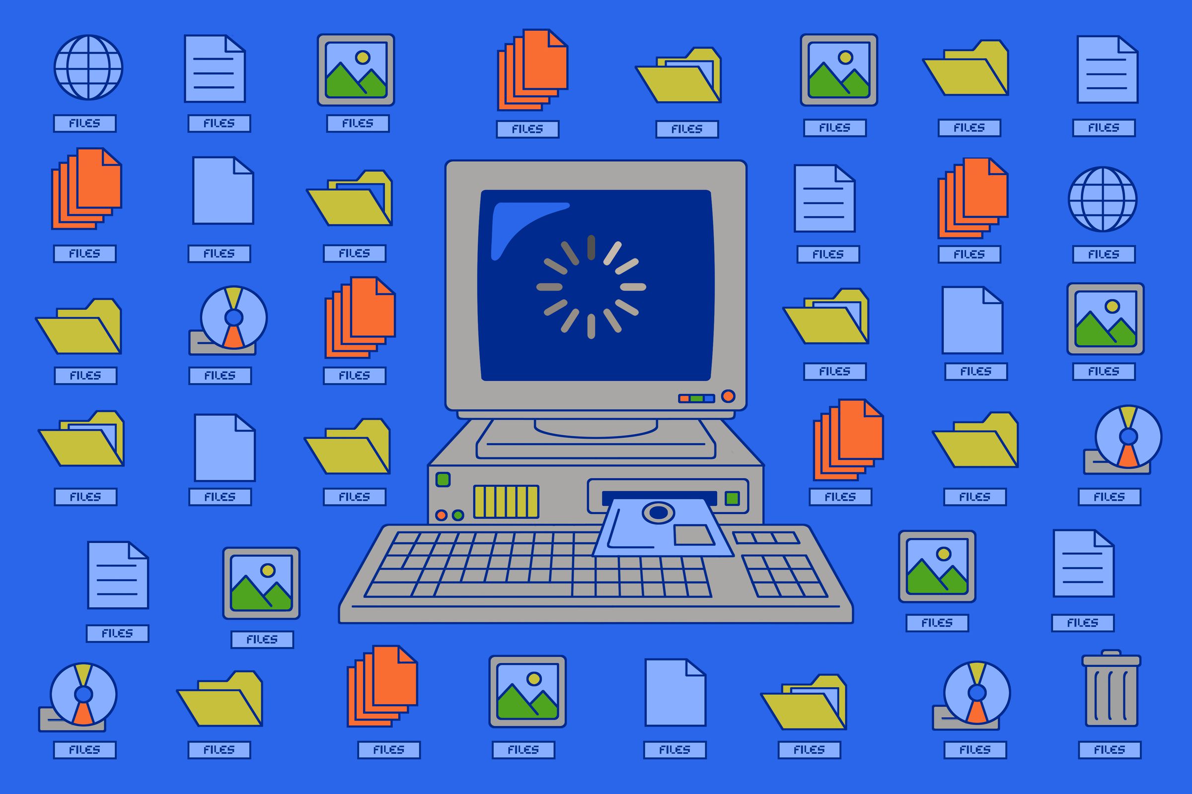 Illustration of a crowded desktop full of files.