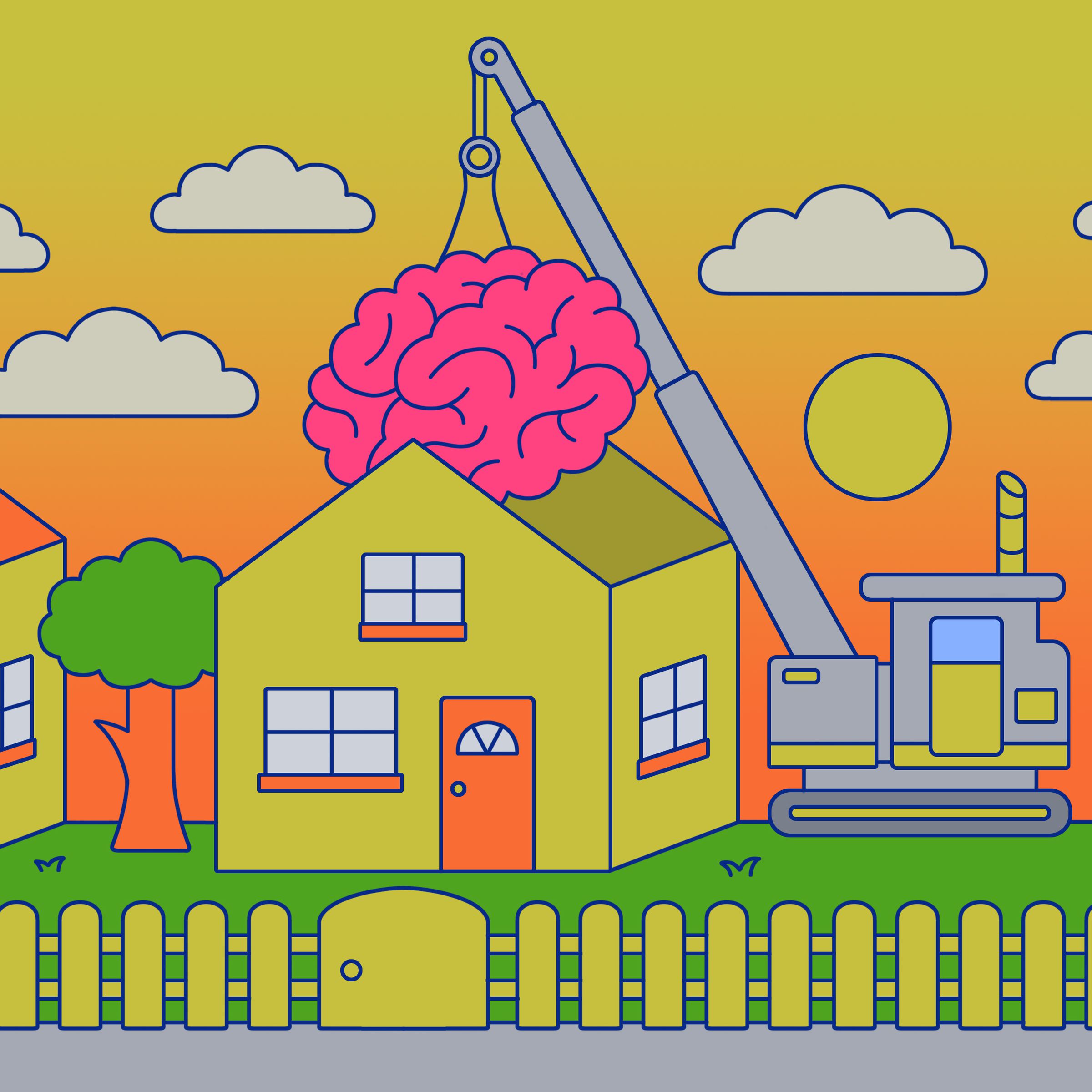 Illustration of a crane moving a brain out of a smart home.