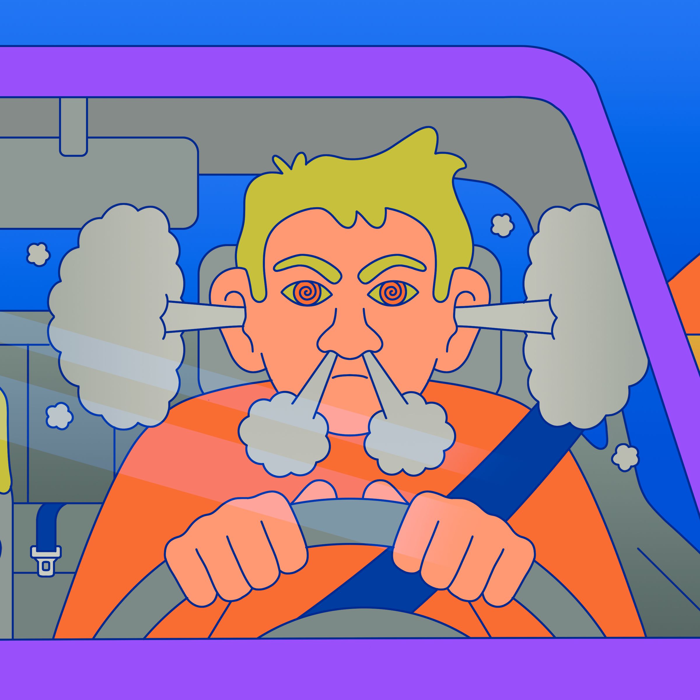 Illustration of a person with steam blowing out of their ears during a long-distance move.