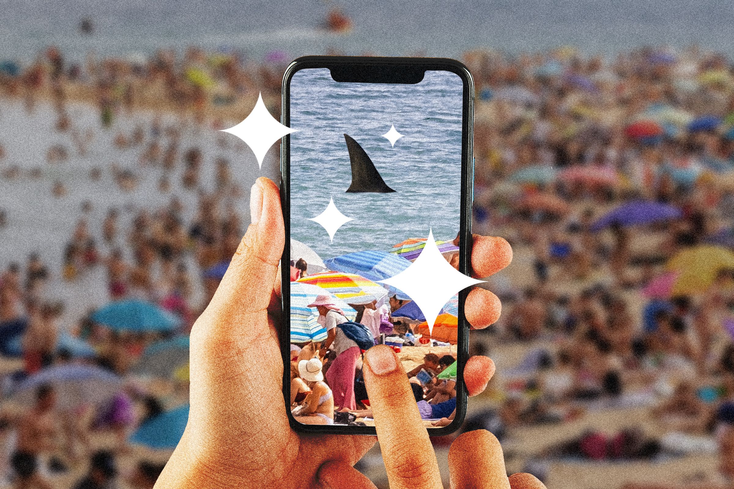 Photo collage of someone adding a shark fin to a crowded beach scene with AI tools.