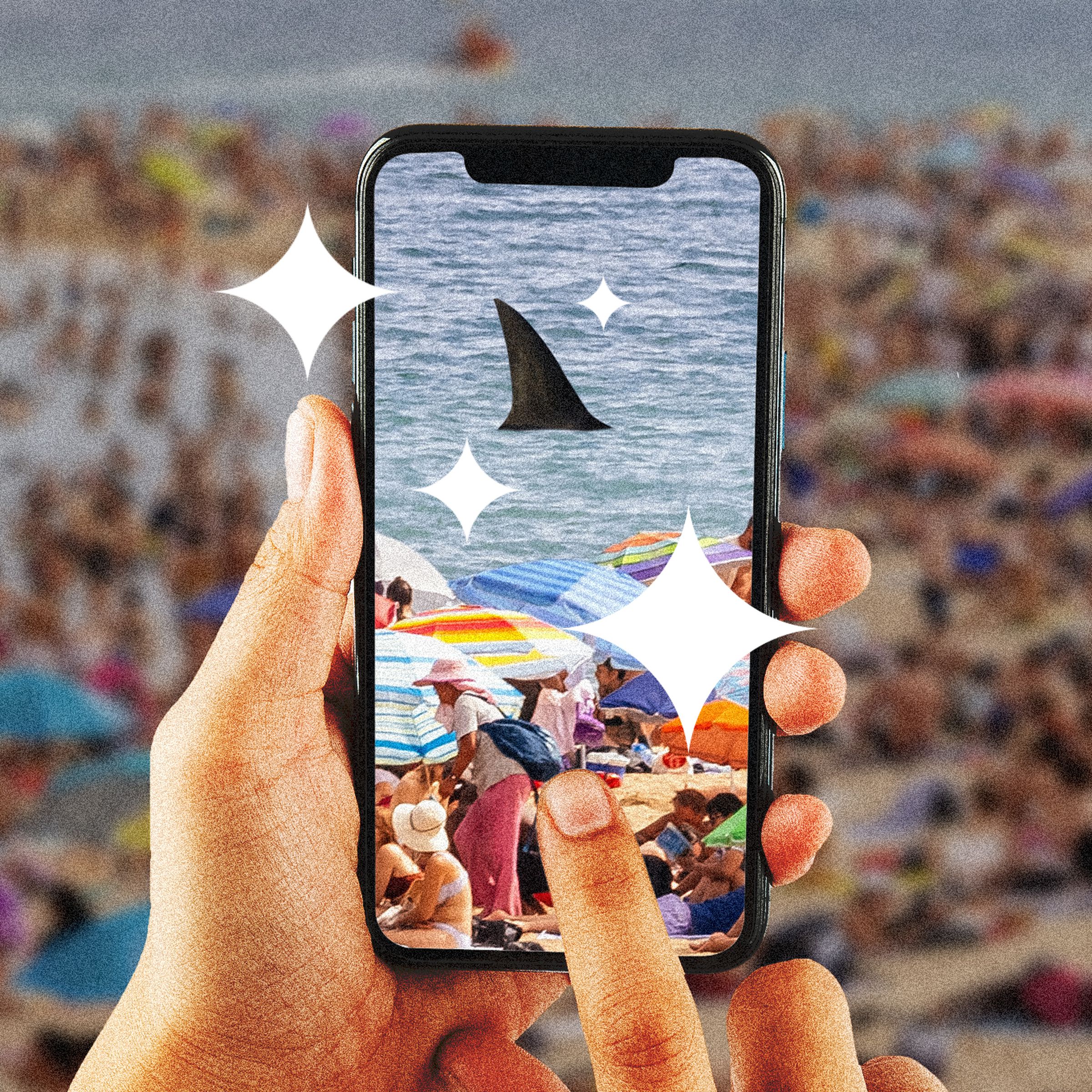 Photo collage of someone adding a shark fin to a crowded beach scene with AI tools.