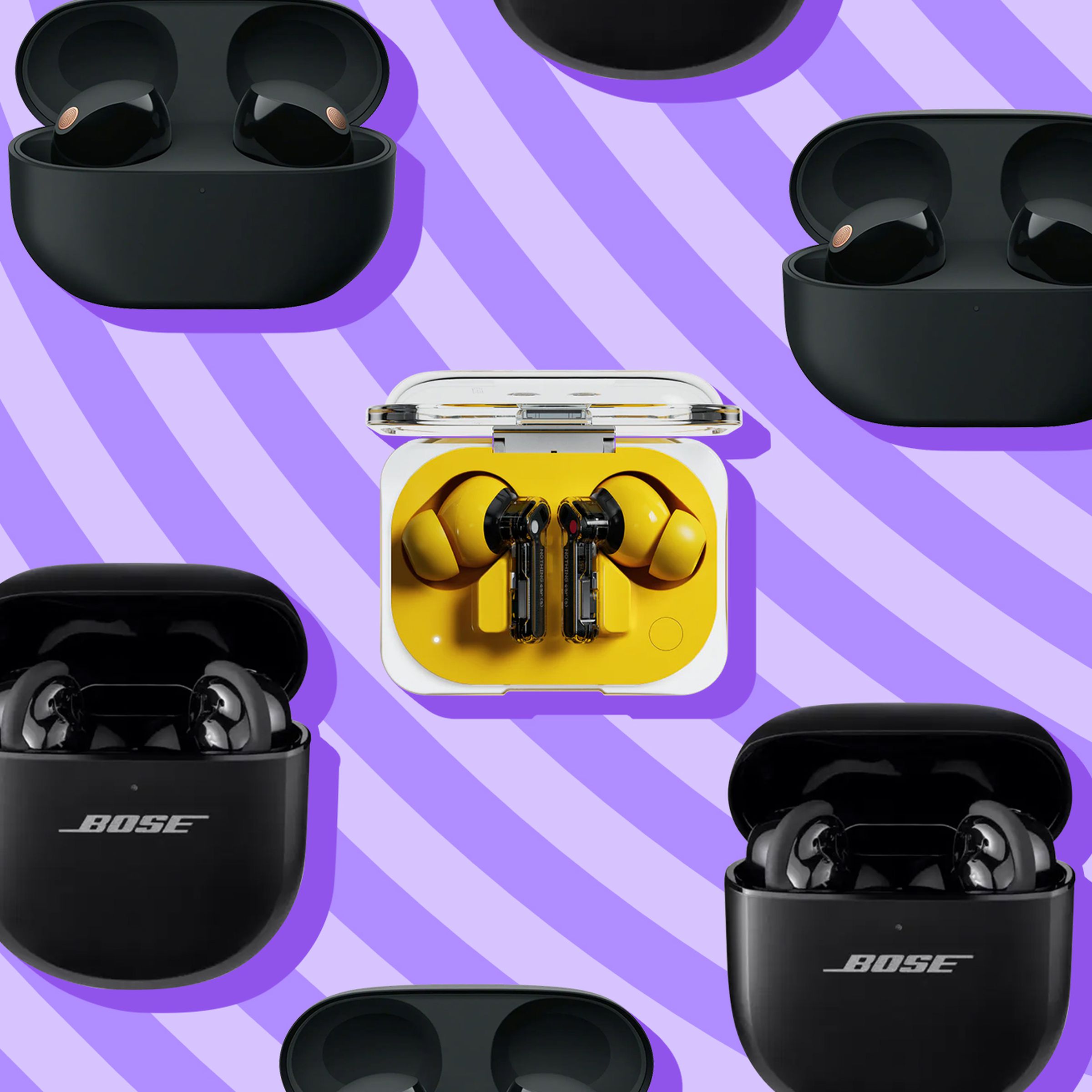 Digital photo collage of a variety of brands of earbuds in their cases.