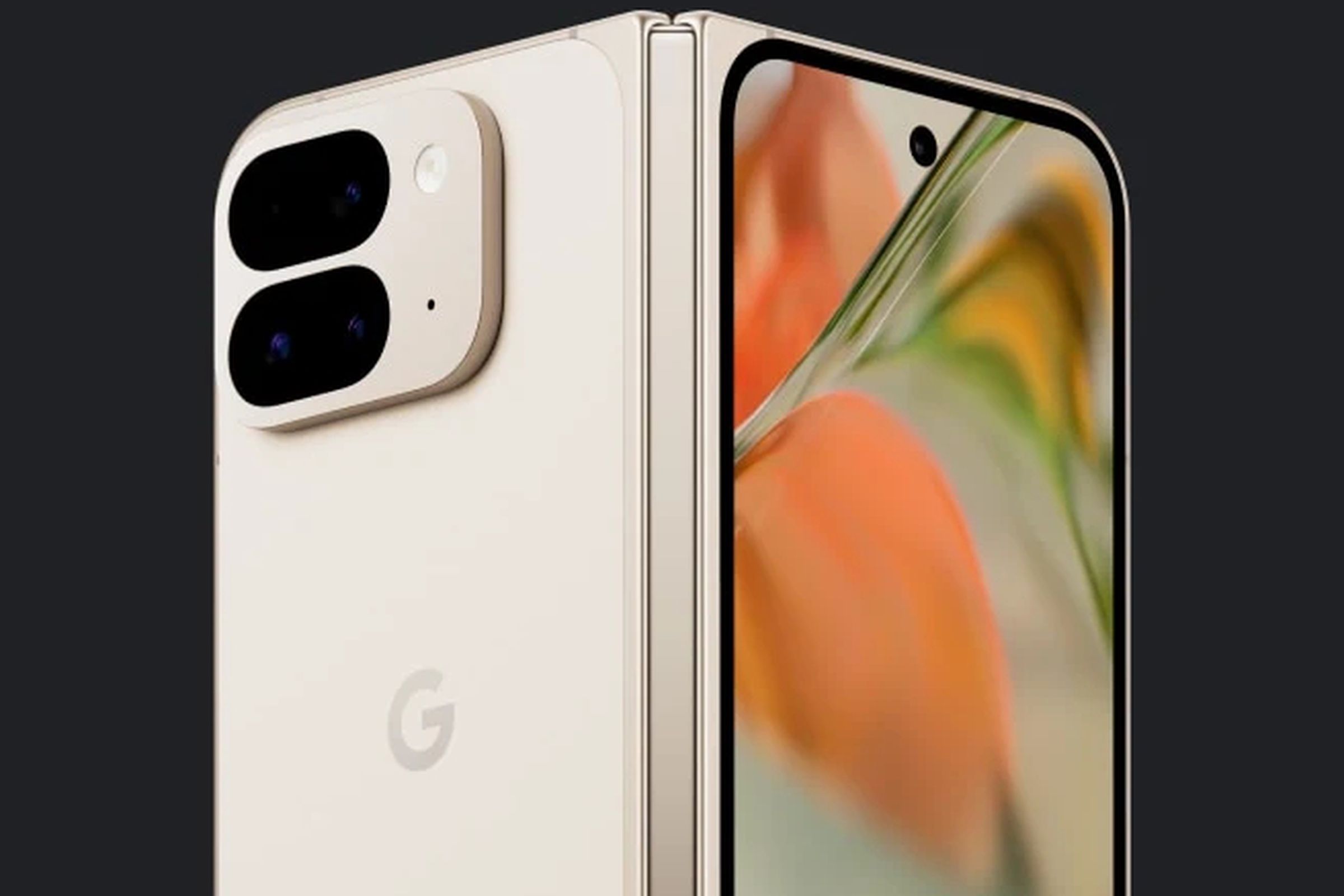 Rear shot of Google’s Pixel 9 Pro Fold slightly unfolded, with outer screen and dual-stack camera lens visible.