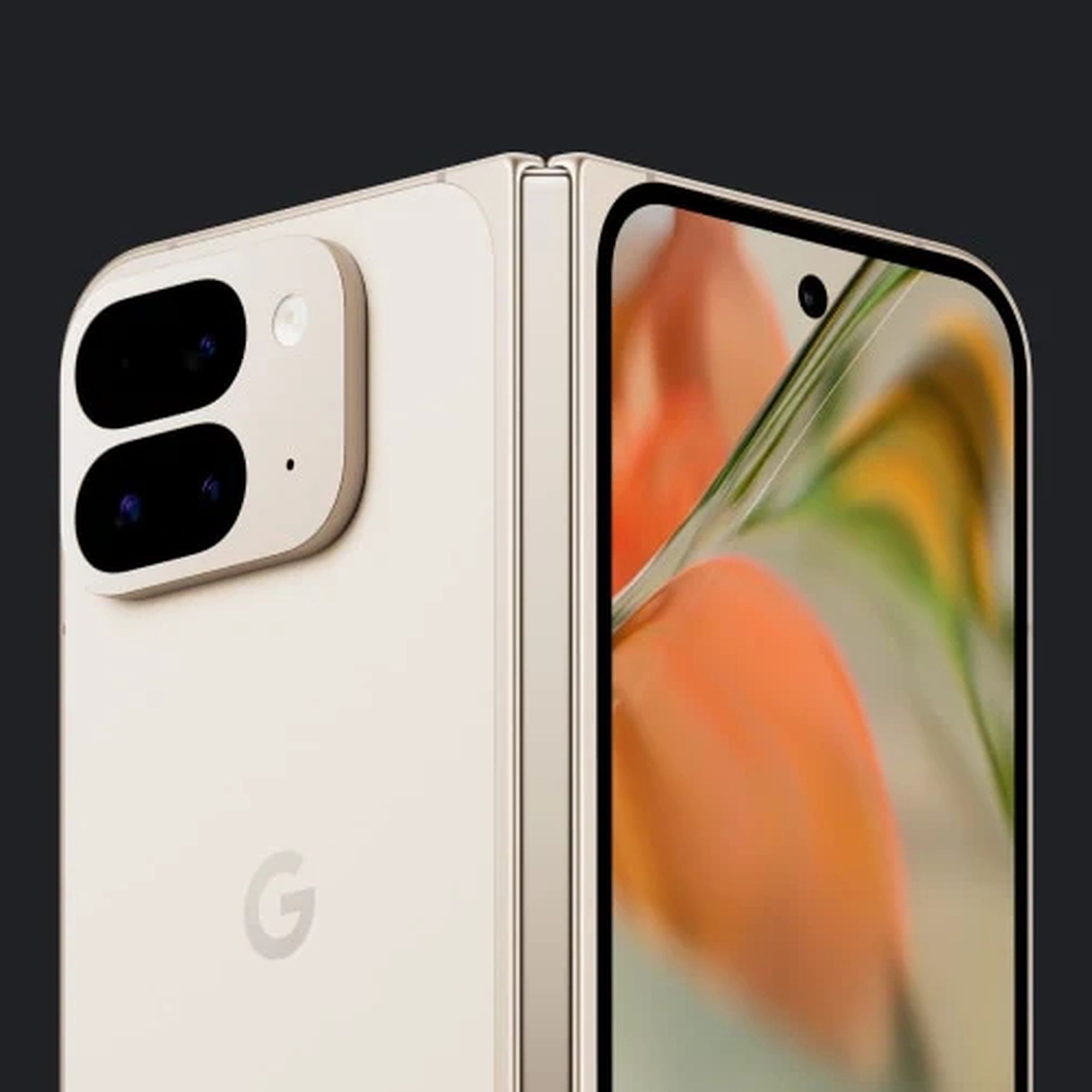 Rear shot of Google’s Pixel 9 Pro Fold slightly unfolded, with outer screen and dual-stack camera lens visible.