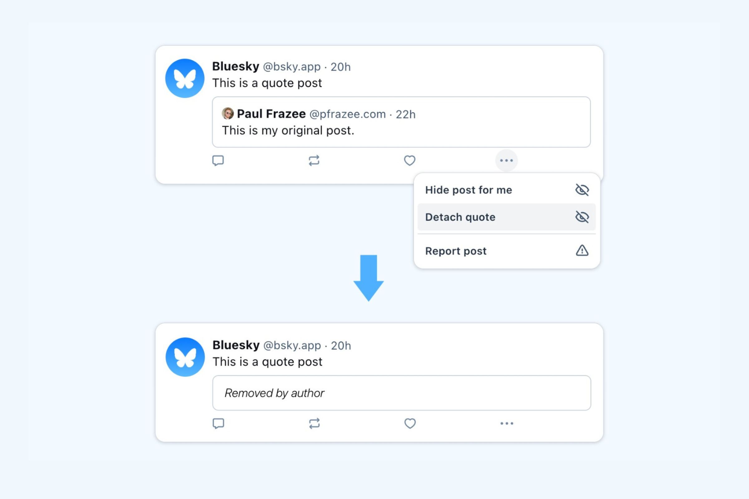 An example screenshot showing Bluesky’s new tool for detatching original posts from quoted reblogs.