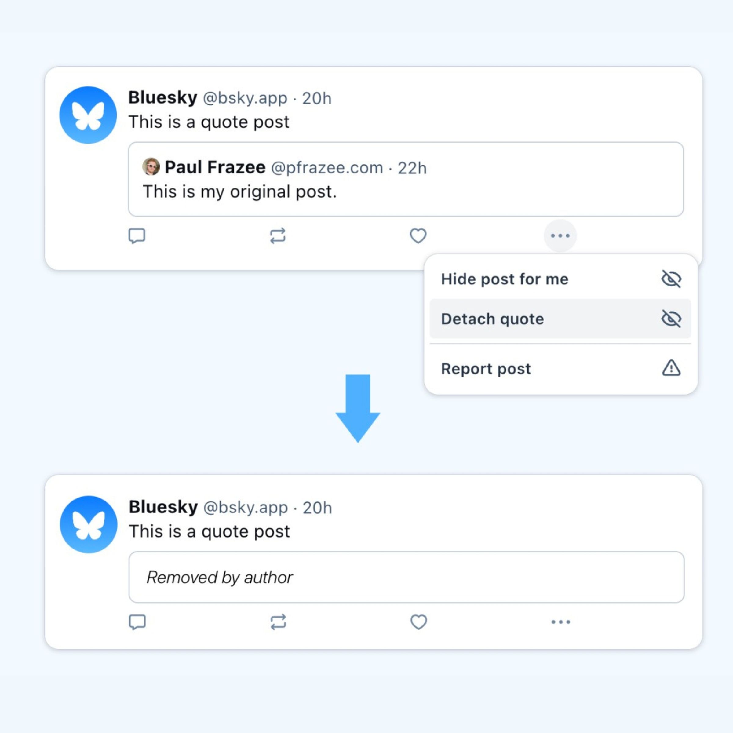 An example screenshot showing Bluesky’s new tool for detatching original posts from quoted reblogs.