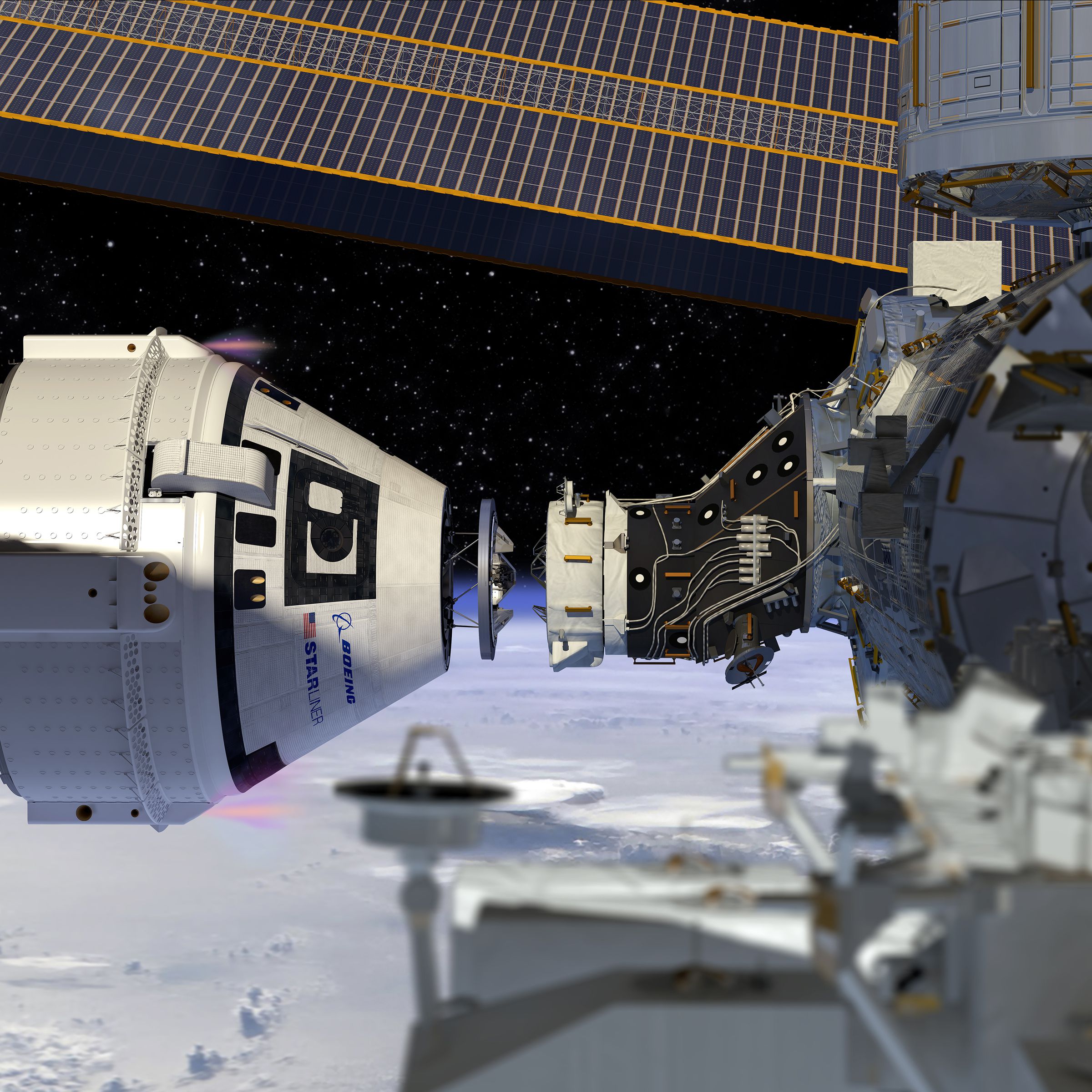 Boeing’s Starliner spacecraft next to the International Space Station.