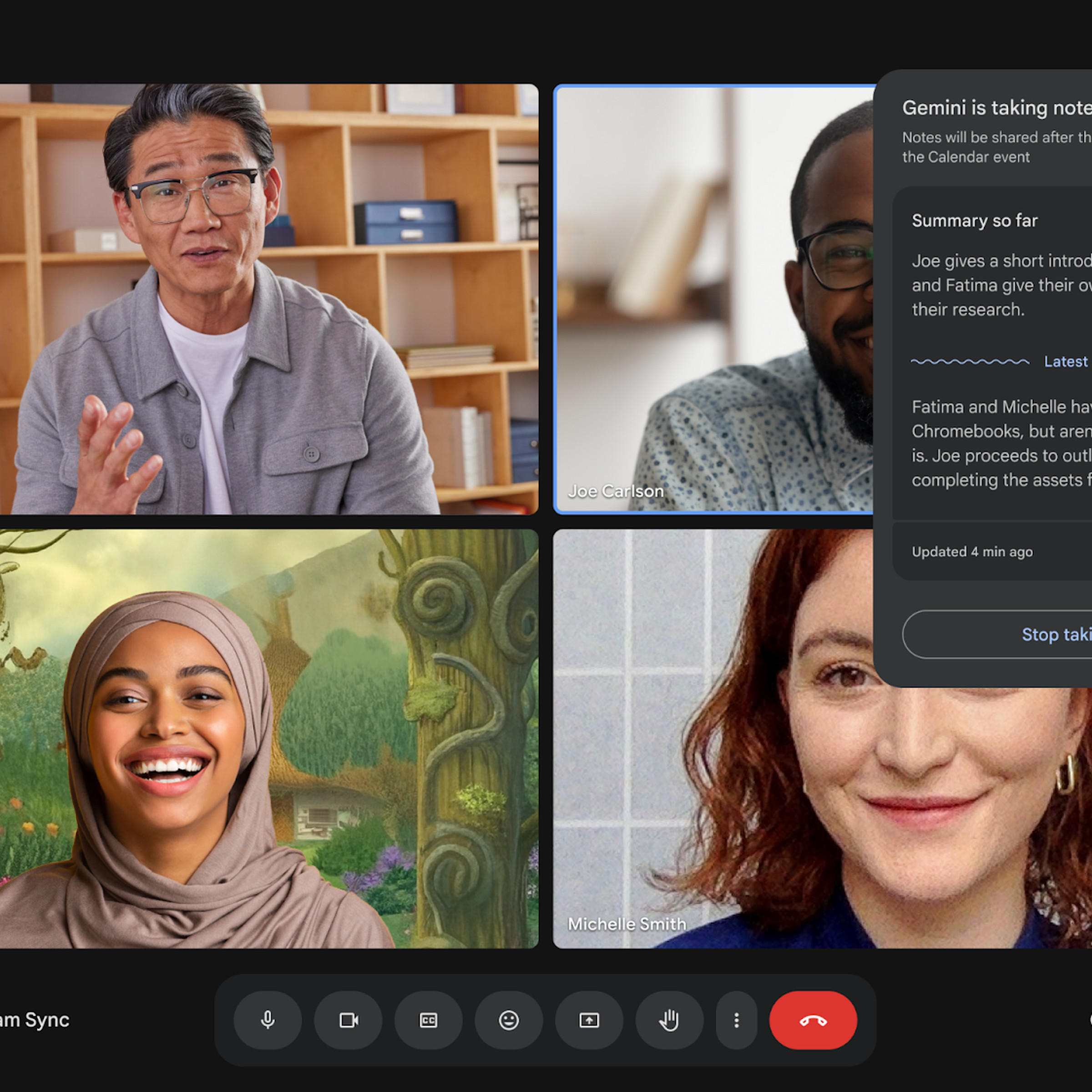 Four separate images of people talking over a video call.