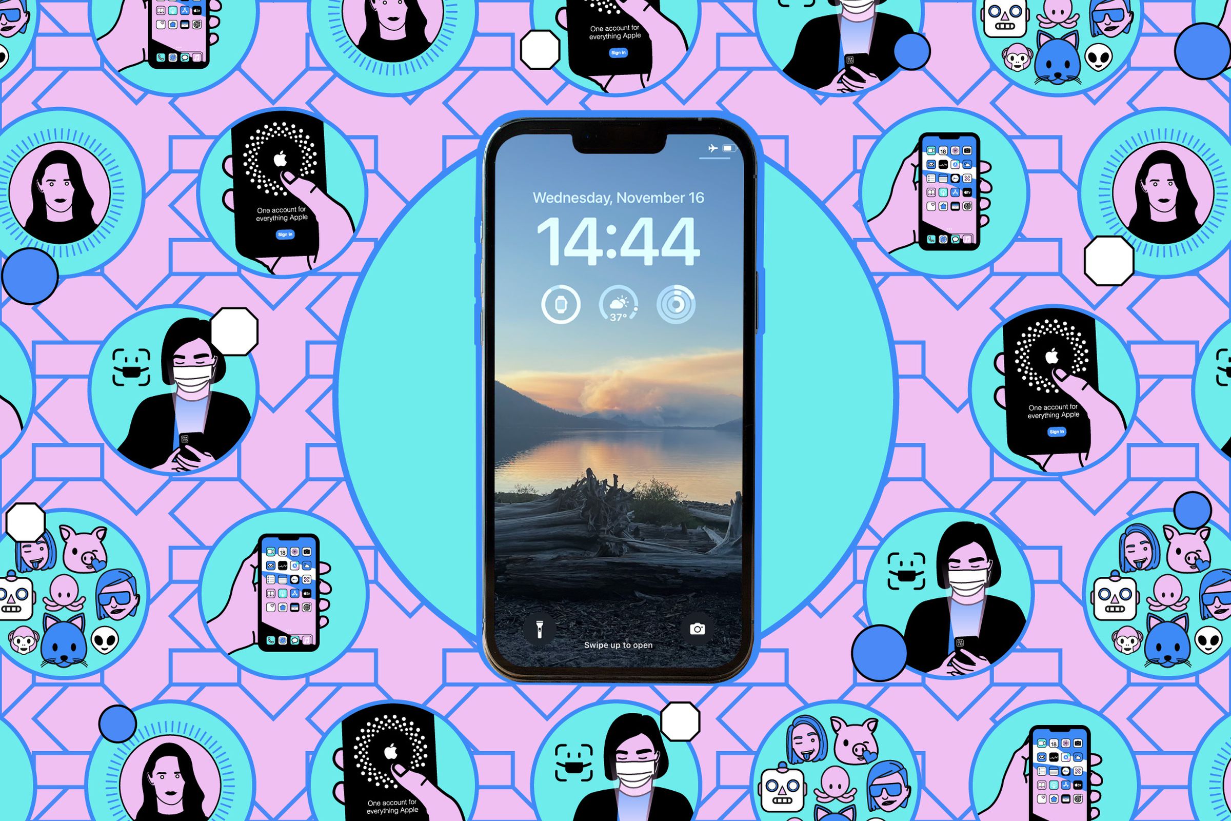 Illustration of an iPhone showing its lock screen on a pink and blue background.