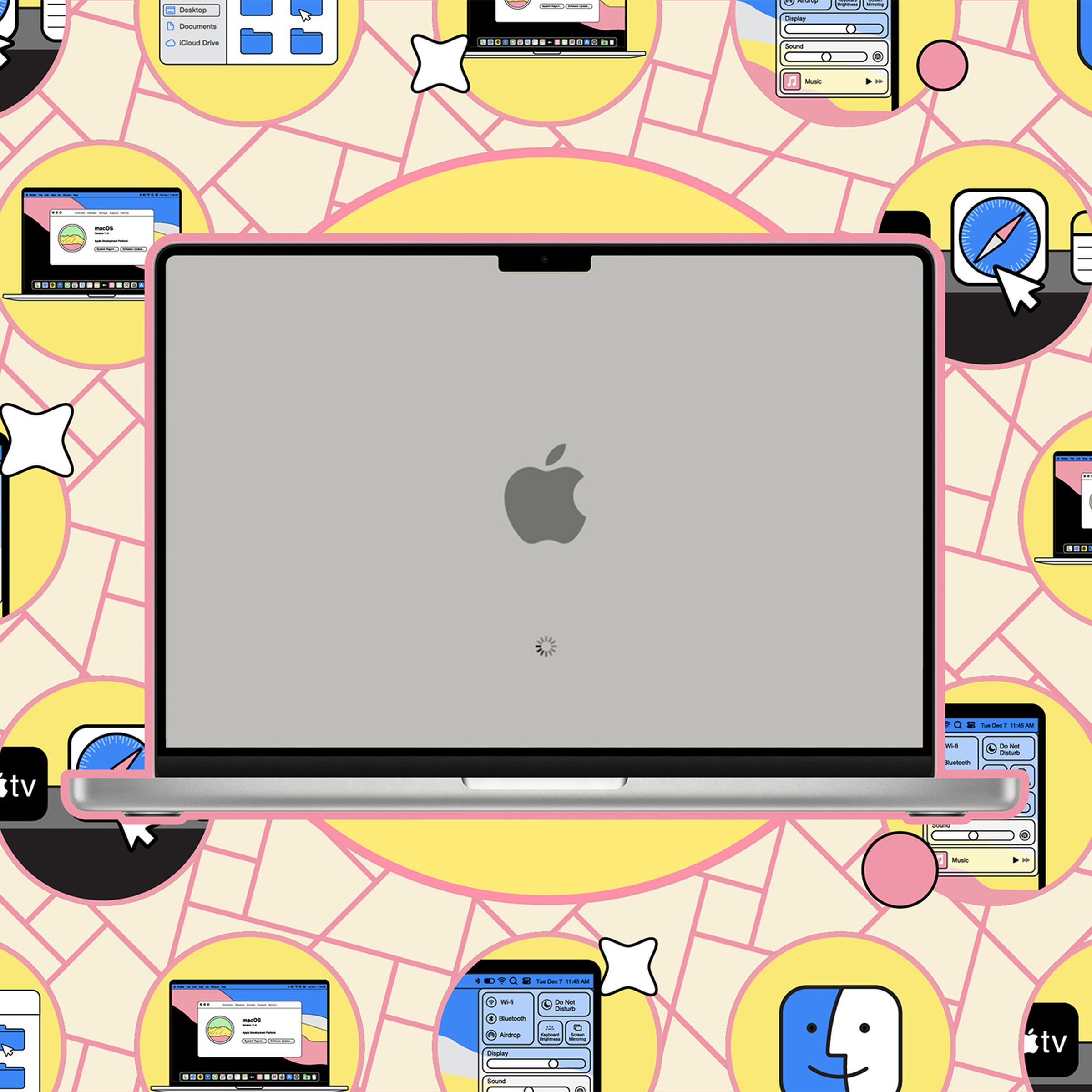 A Mac with an Apple symbol against an illustrated background.