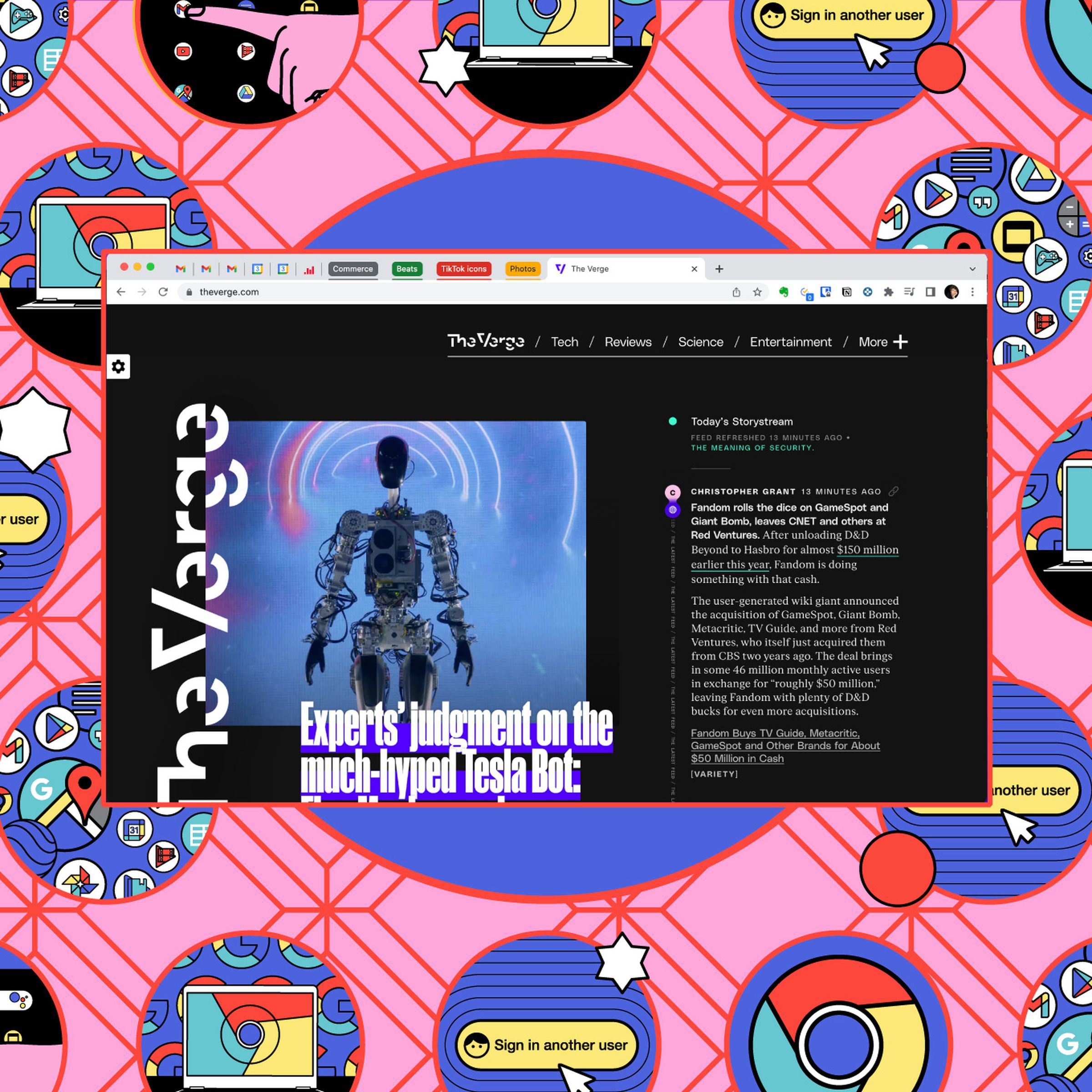 Chrome page showing The Verge, with tab groups on top, surrounded by artistic illustrations.