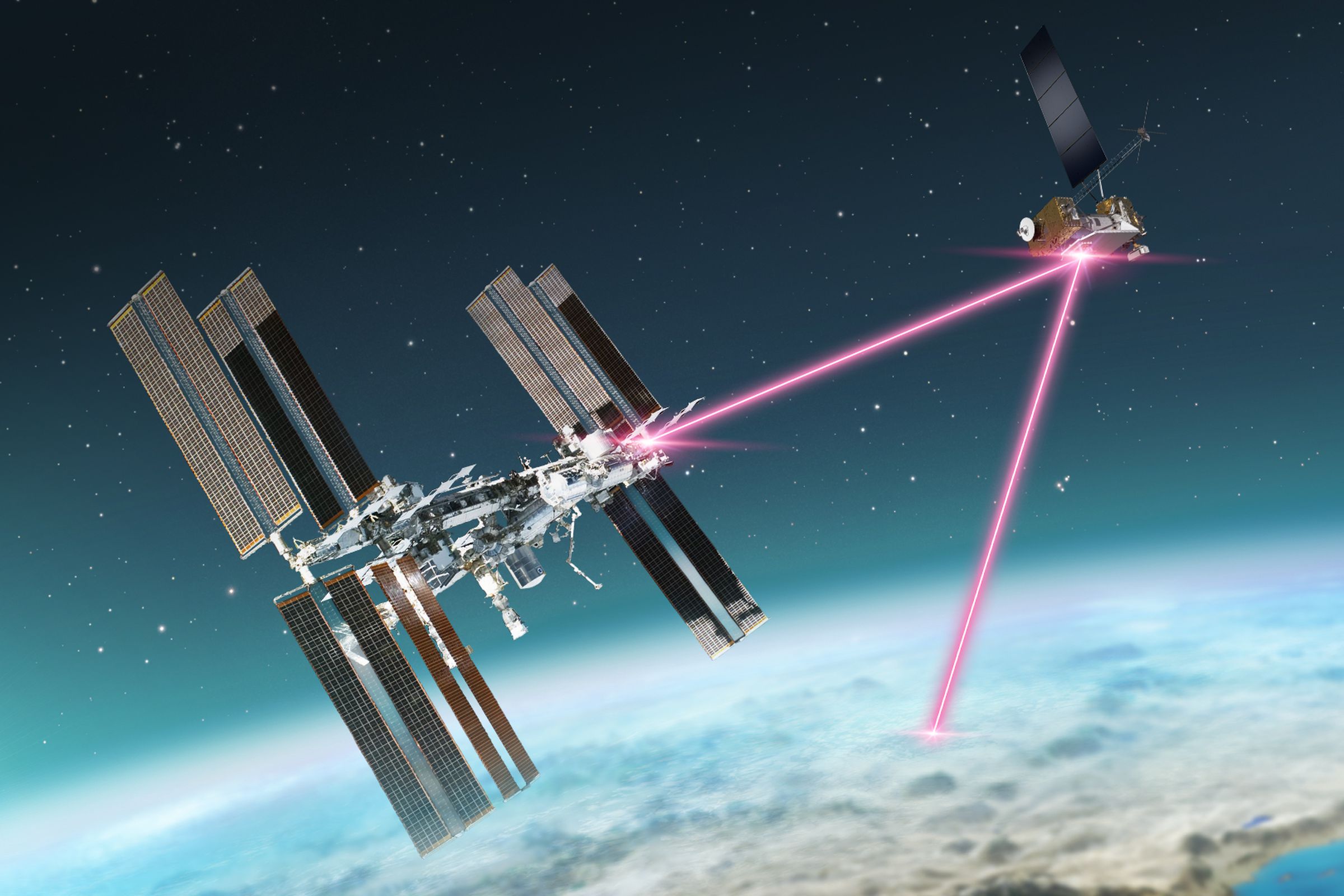 Drawing of a space station and satellite communicating with a receiver on the Earth’s surface via laser as represented by a striking pink line.