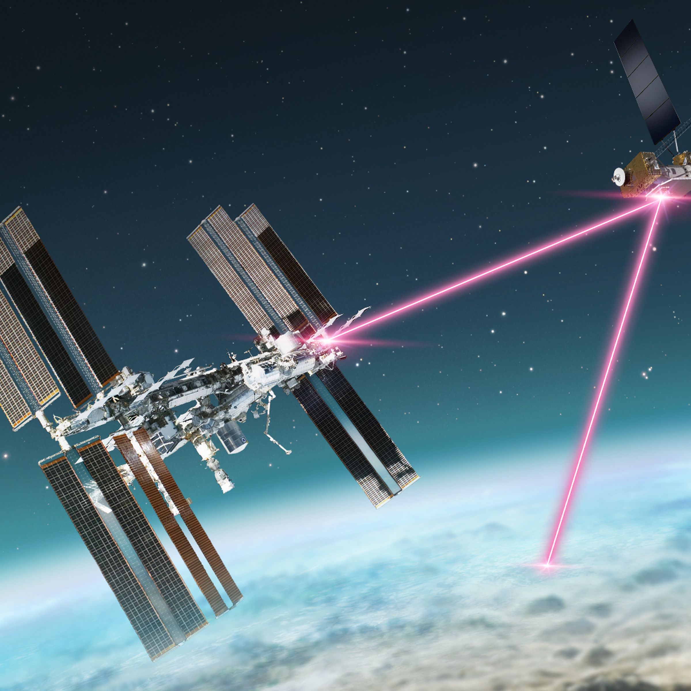 Drawing of a space station and satellite communicating with a receiver on the Earth’s surface via laser as represented by a striking pink line.