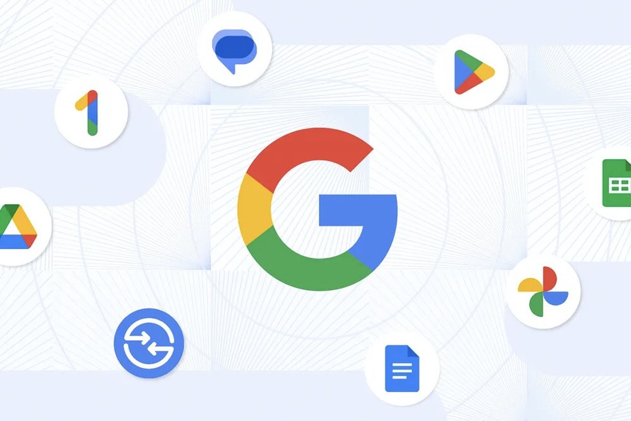 Google logo in center with all its app icons, like Sheets, Messages, Photos, Drive, Nearby Share, Docs, and Google One, all floating around