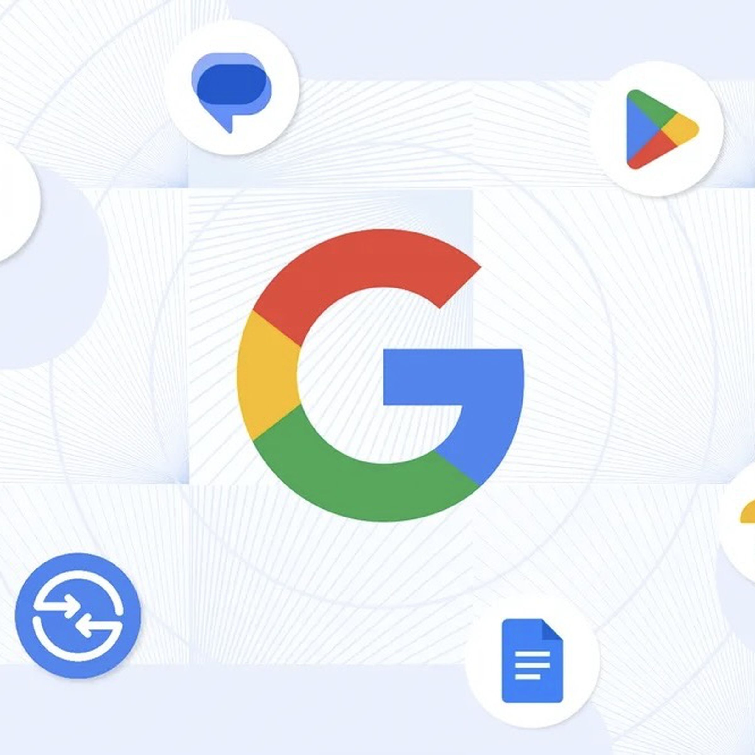 Google logo in center with all its app icons, like Sheets, Messages, Photos, Drive, Nearby Share, Docs, and Google One, all floating around