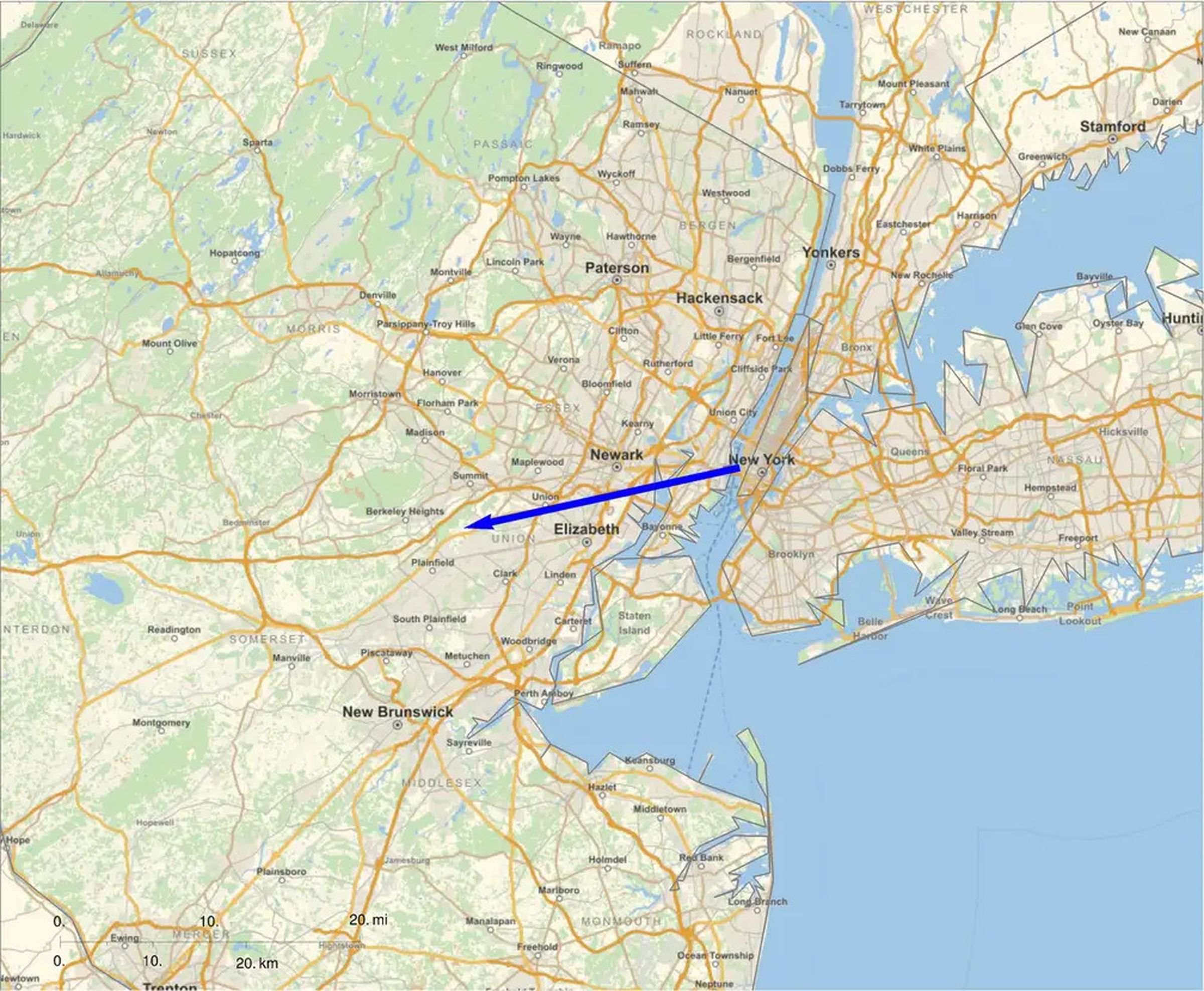 Map of New York City with arrow showing the estimated path of the meteor moving west.