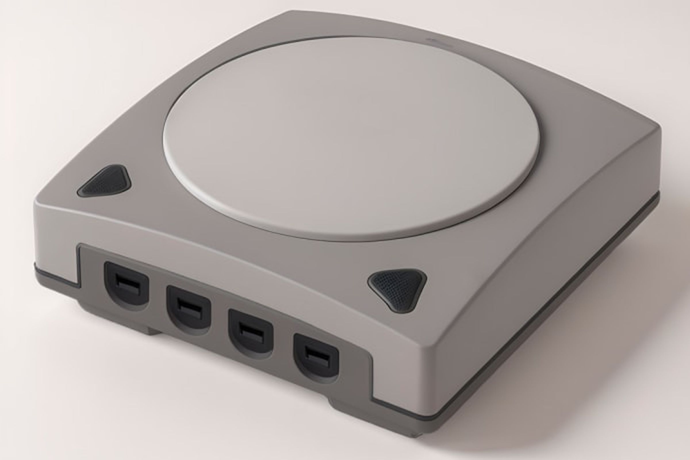 A box shaped like a Sega Dreamcast console, squarish with a domed and rounded top.