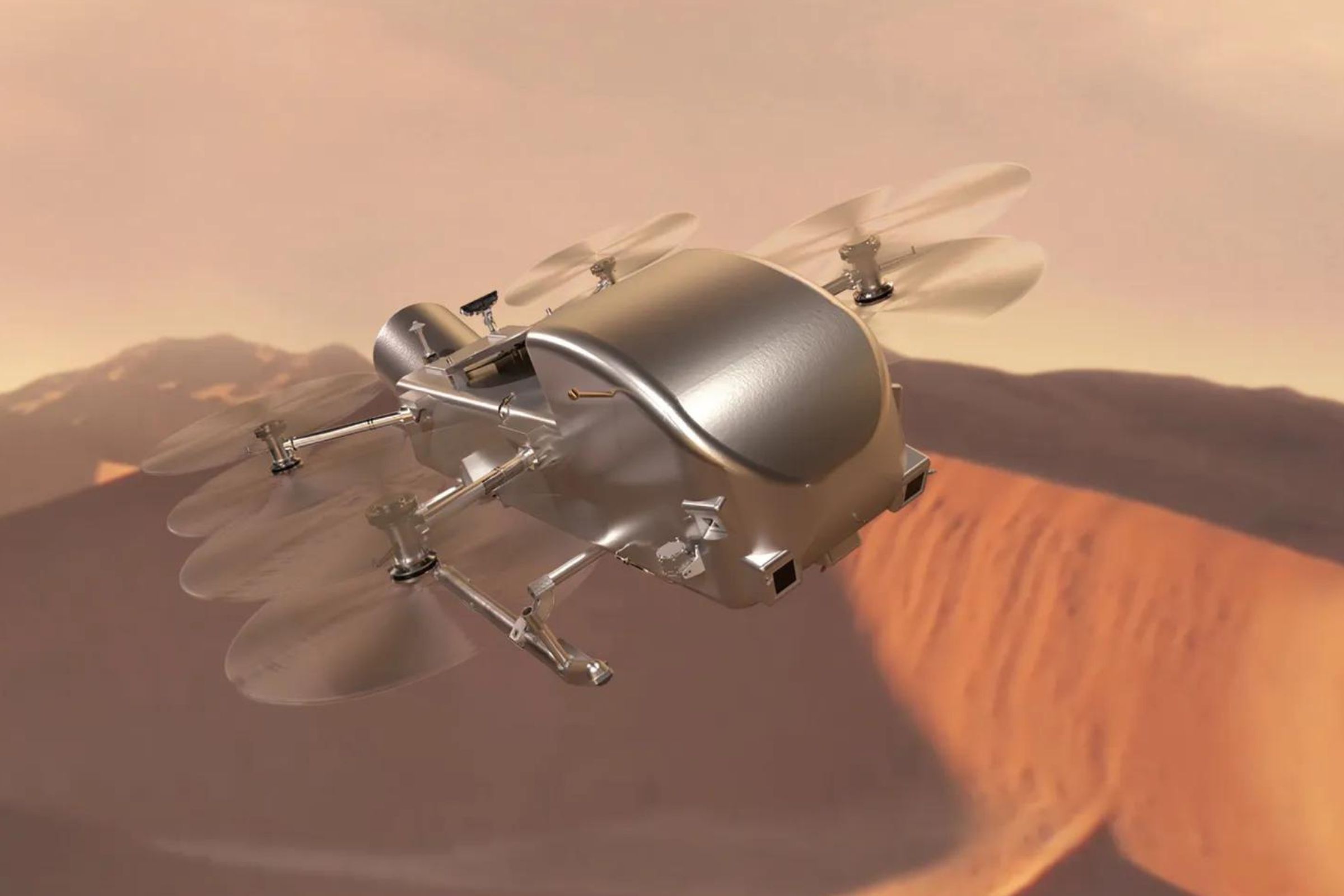 An artist conecpt of NASA’s Dragonfly rotorcraft