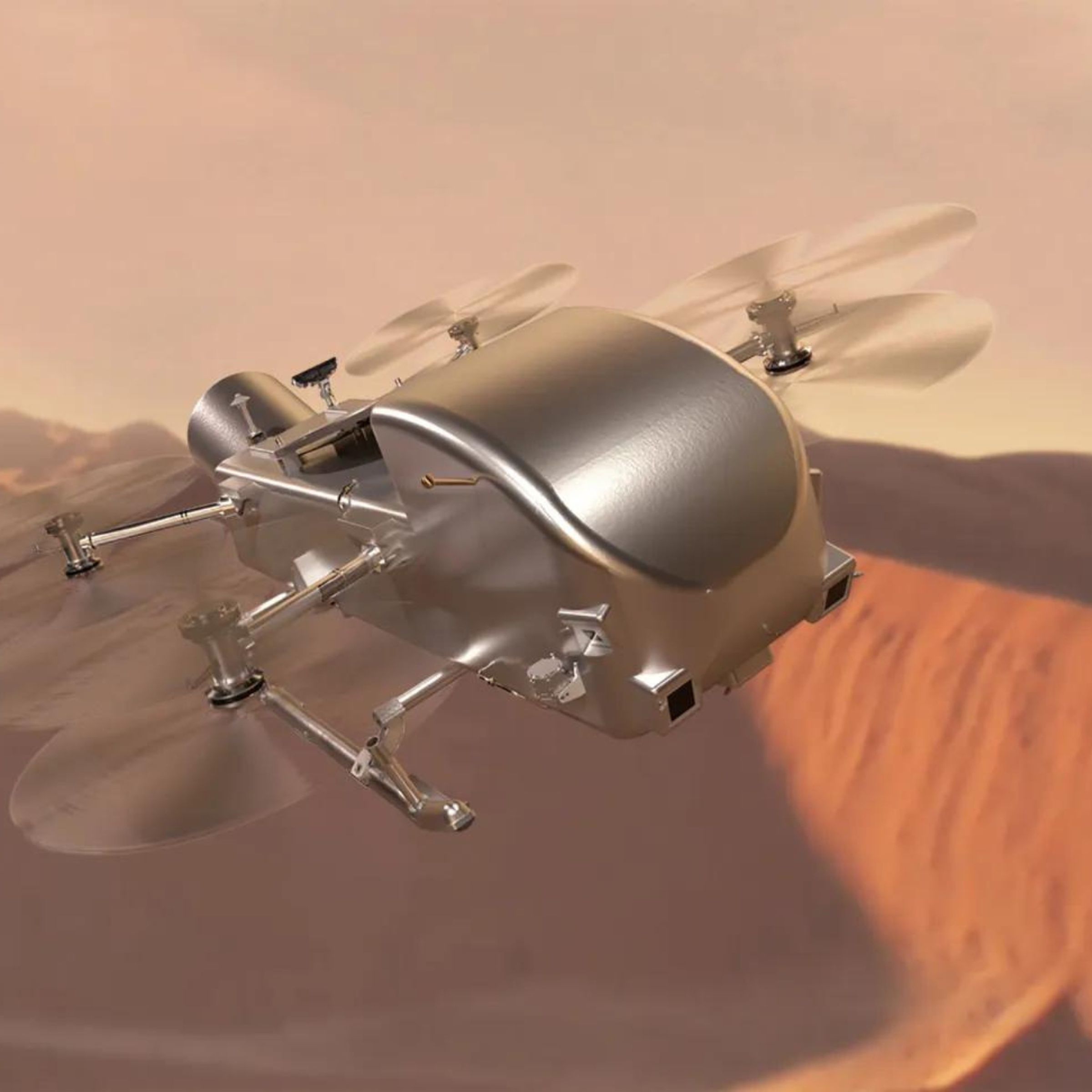 An artist conecpt of NASA’s Dragonfly rotorcraft