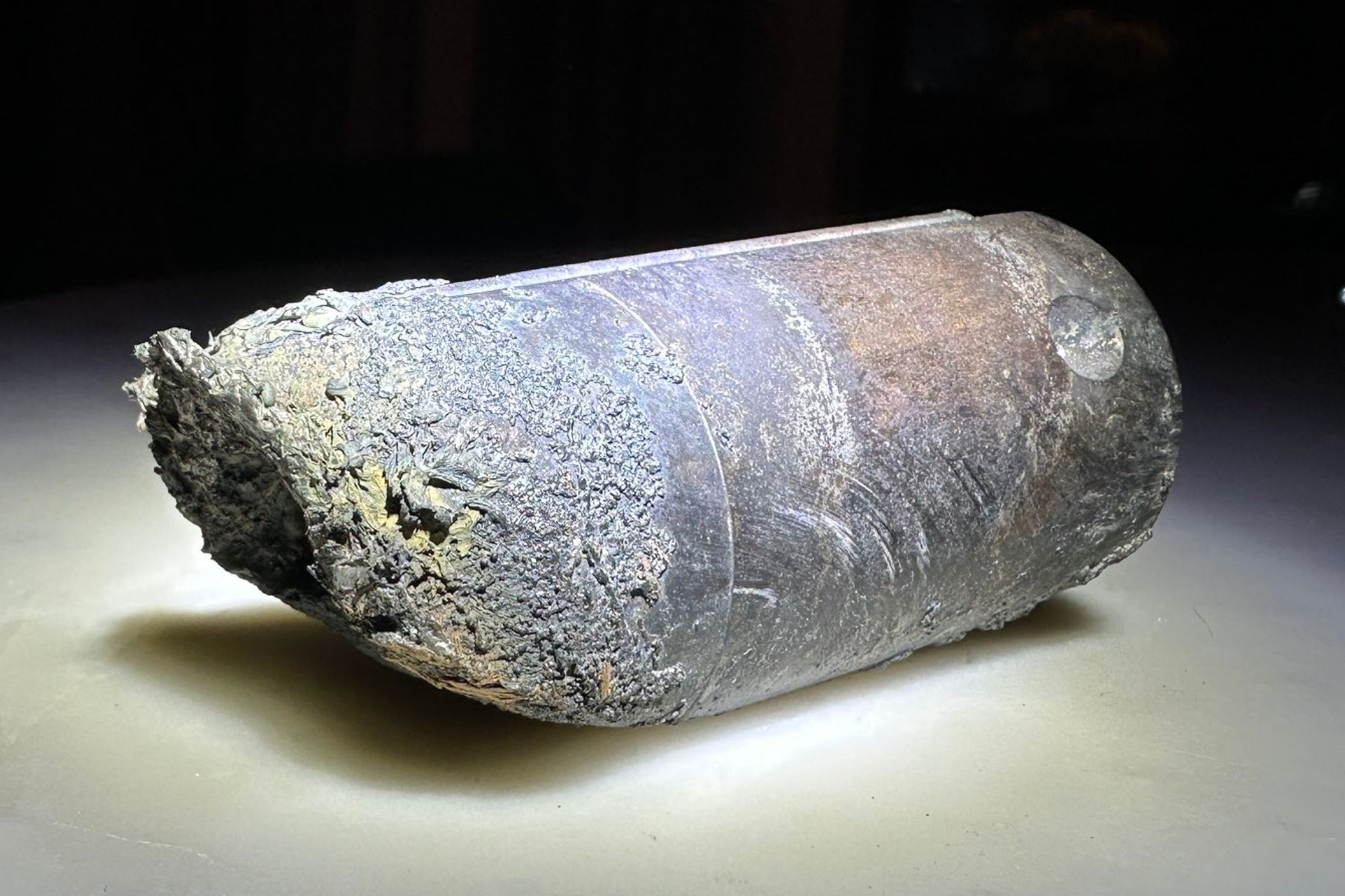 A photograph of the recovered stanchion from the NASA flight support equipment used to mount International Space Station batteries on a cargo pallet.