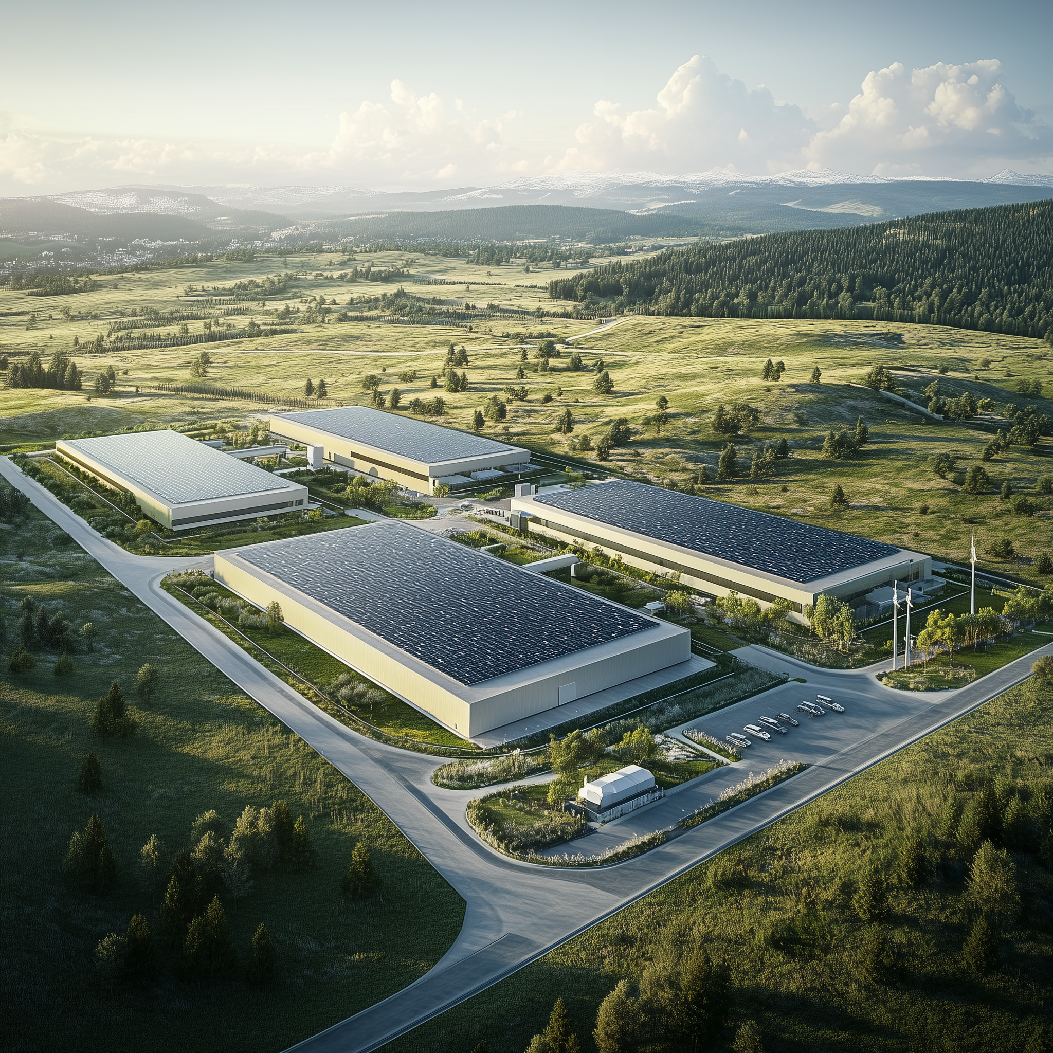 An art rendering showing large industrial buildings in a green landscape.