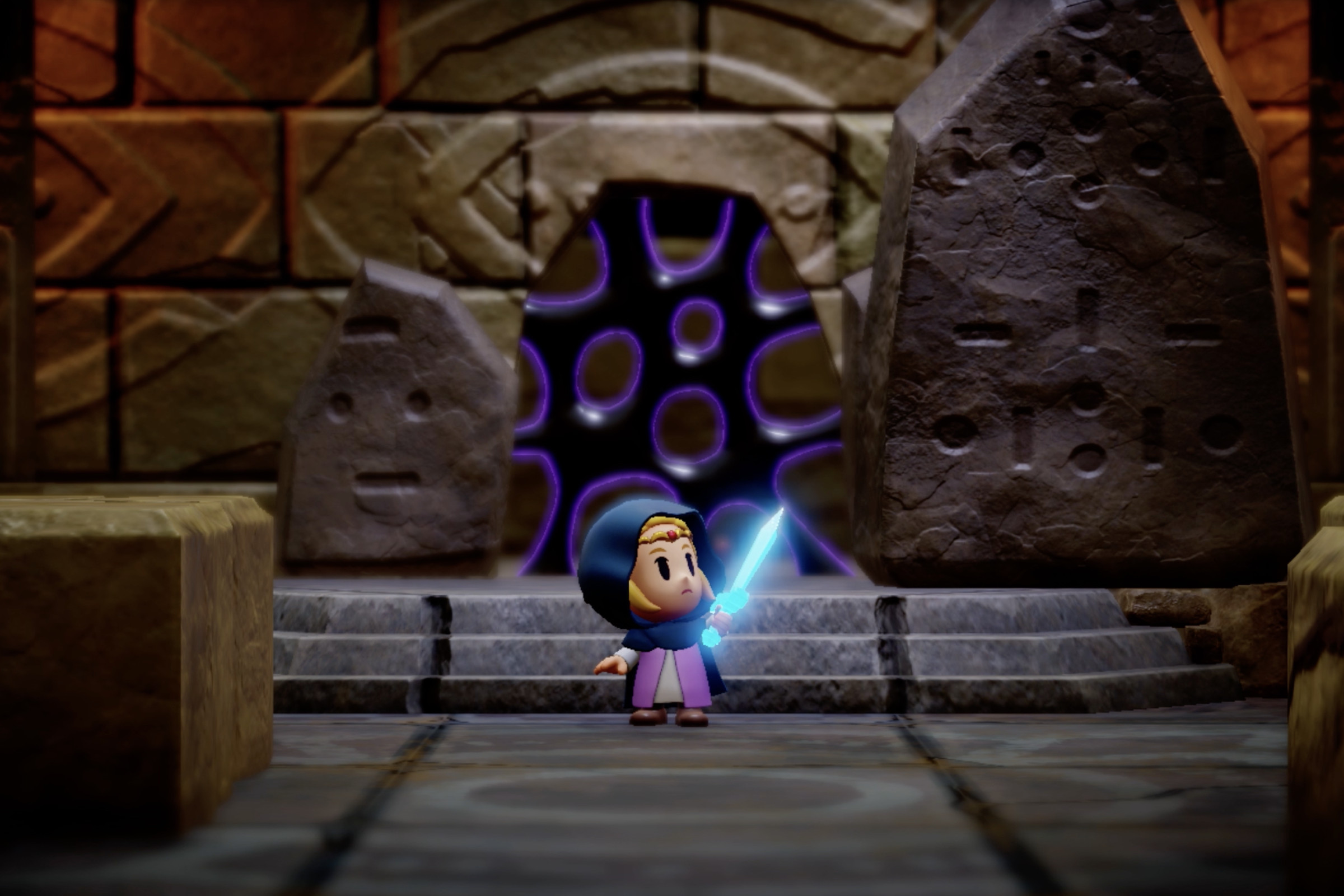 A girl in a hood standing in a dungeon and holding a glowing sword.