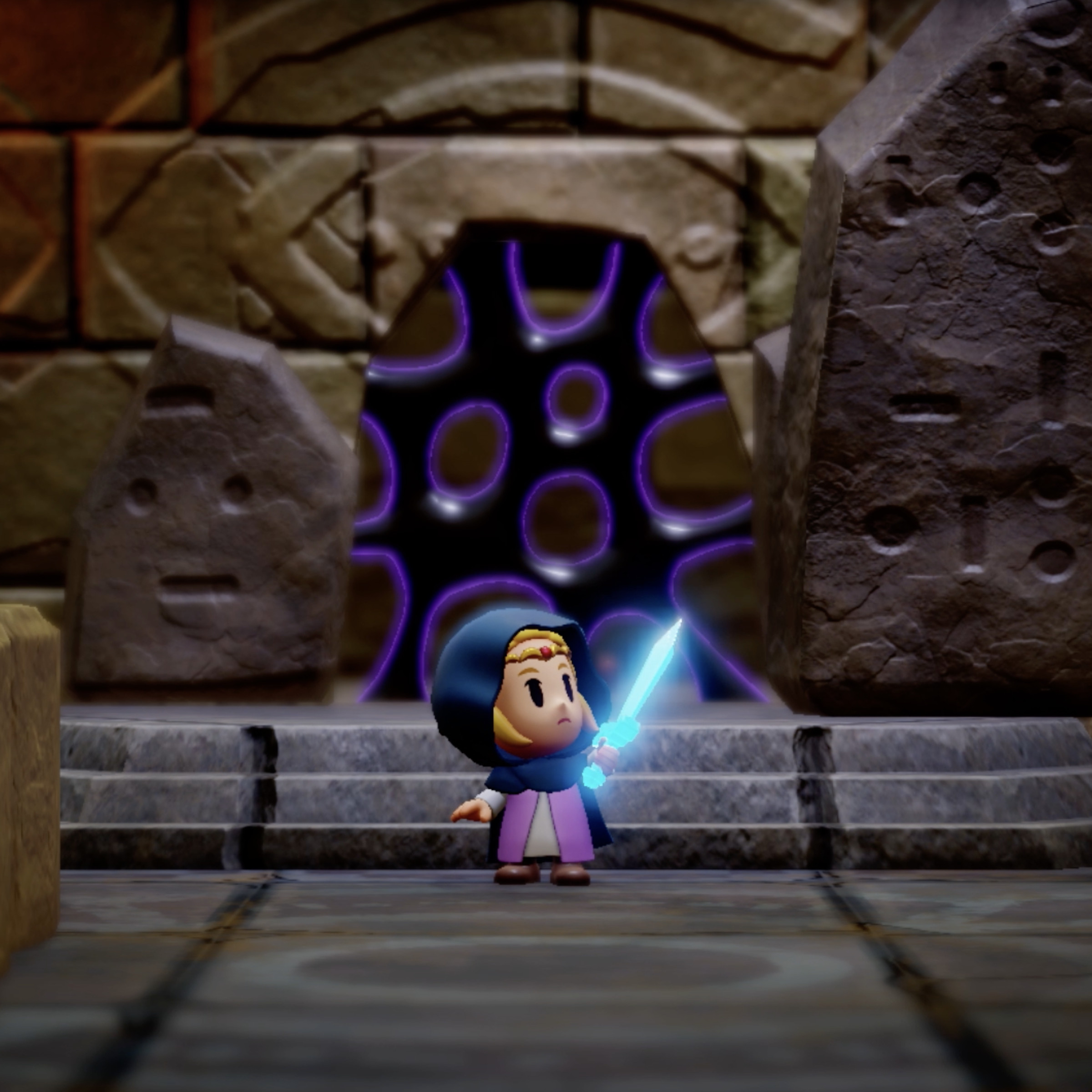 A girl in a hood standing in a dungeon and holding a glowing sword.