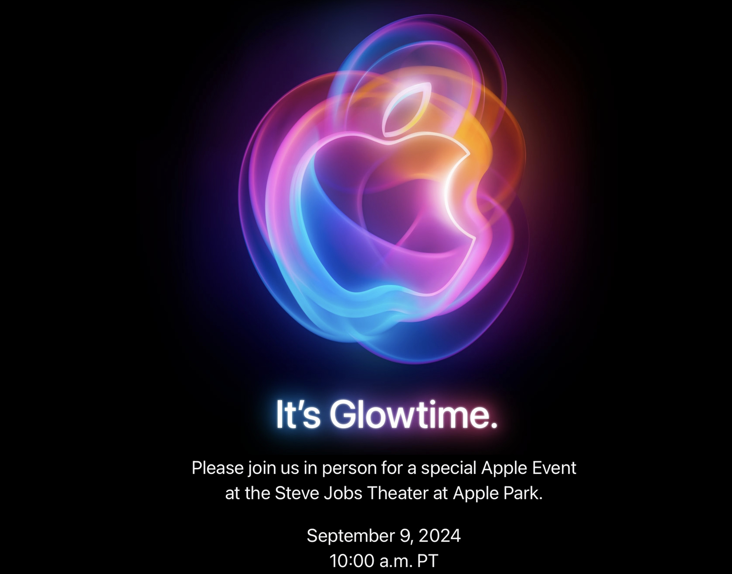 Picture of a glowing Apple logo with the words: It’s Glowtime.