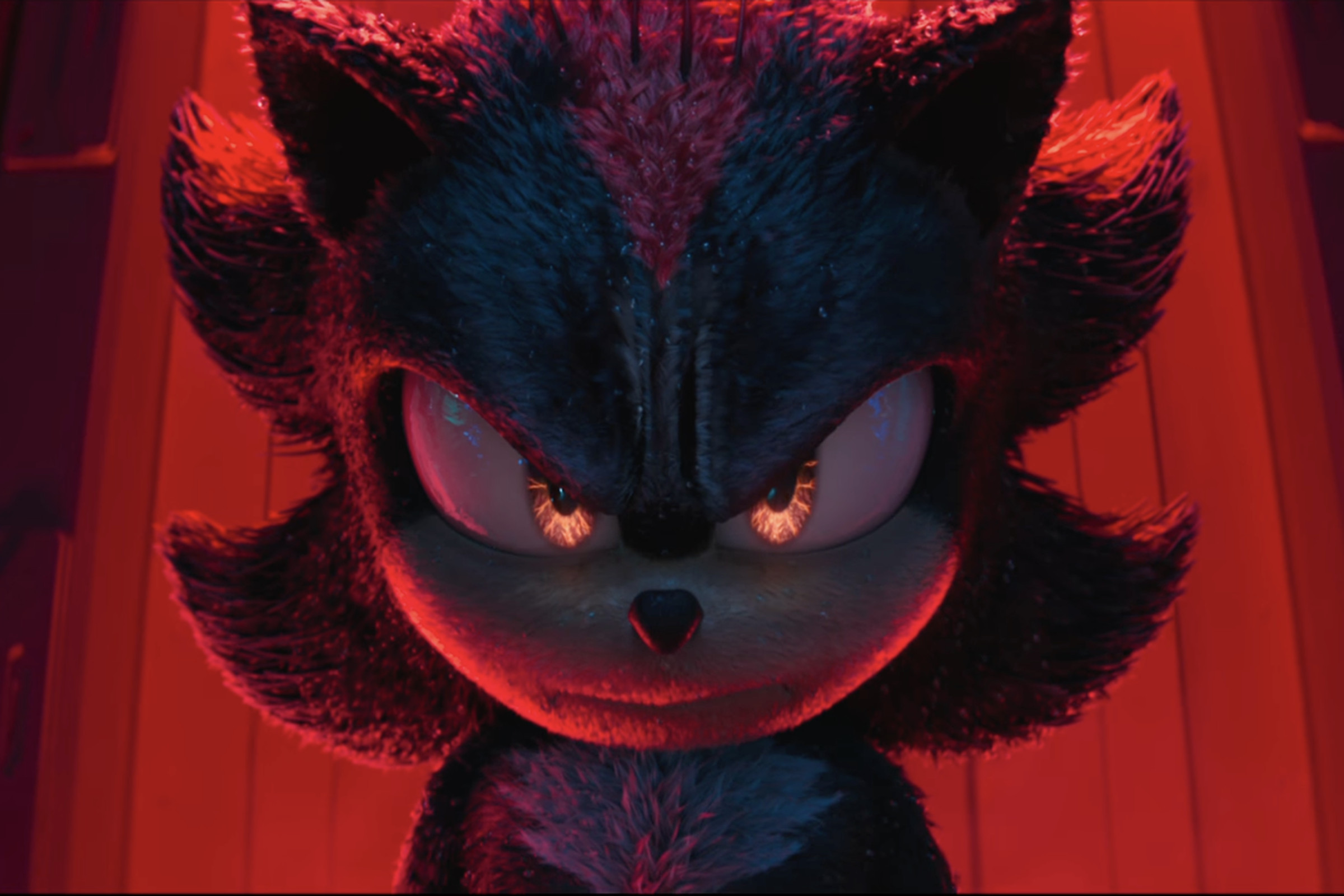 Screenshot from Sonic The Hedgehog 3 featuring a closeup of Shadow the Hedgehog.