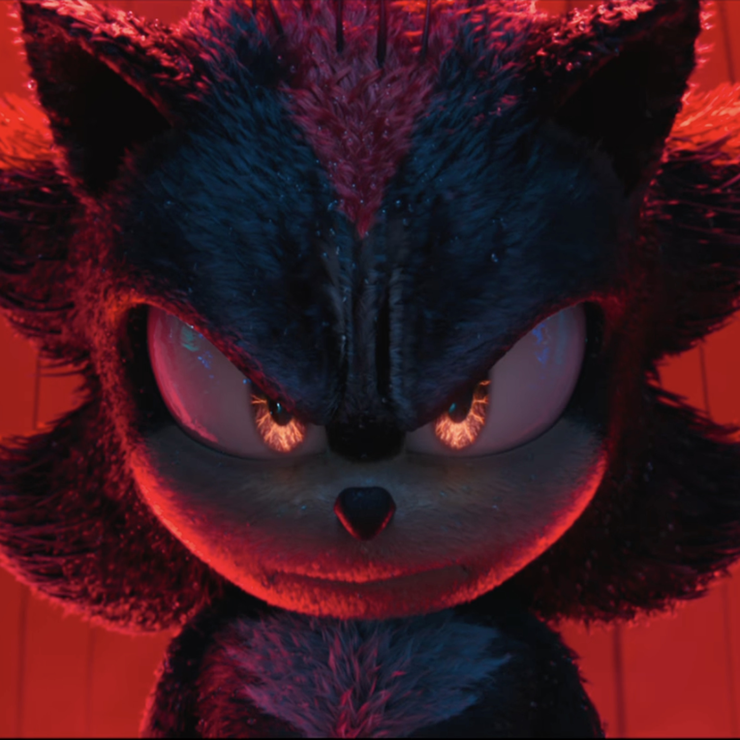 Screenshot from Sonic The Hedgehog 3 featuring a closeup of Shadow the Hedgehog.