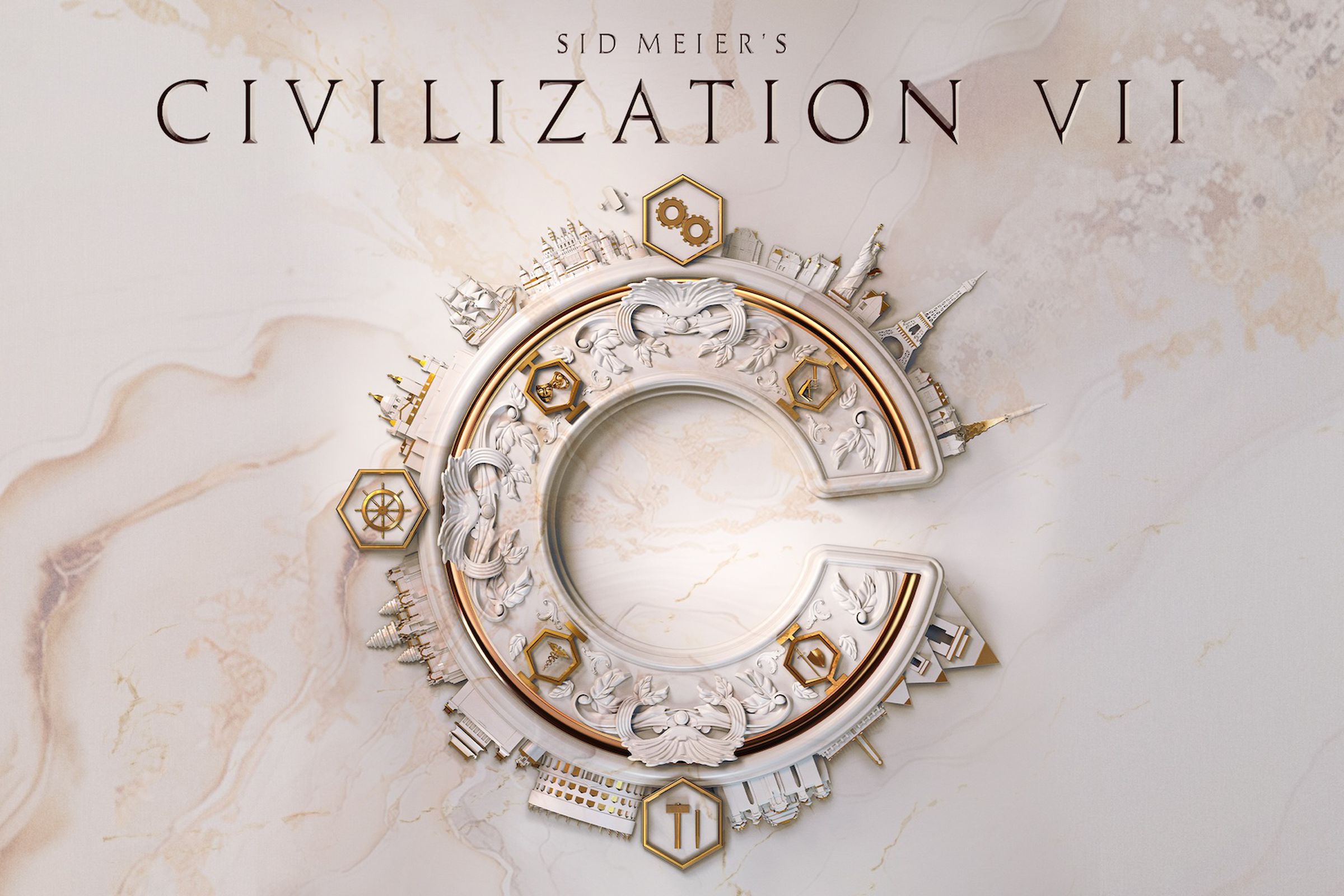 Key art for Civilization 7 featuring a white marble “C” inlaid with gold accents and surrounded by carvings of famous buildings from around the world.