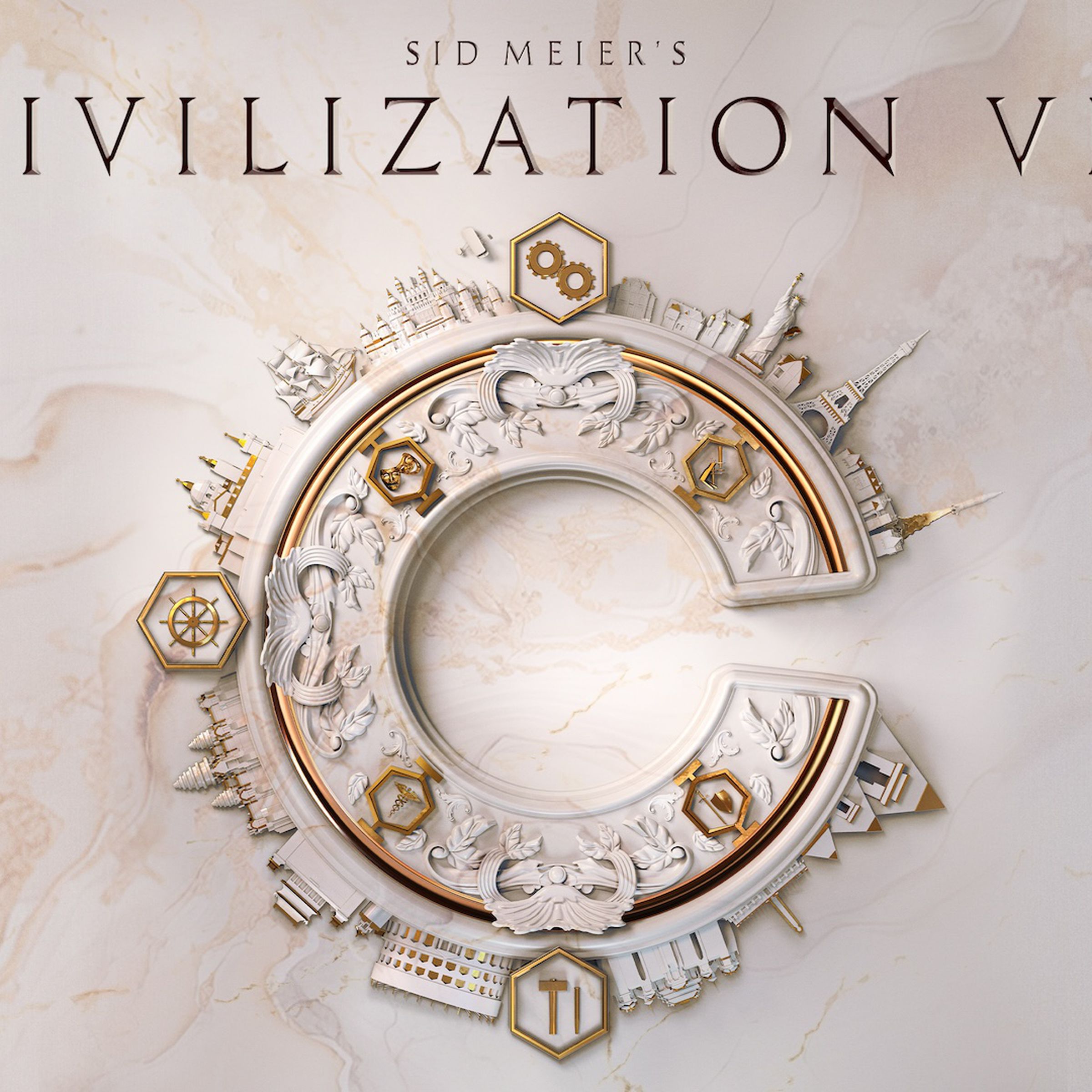 Key art for Civilization 7 featuring a white marble “C” inlaid with gold accents and surrounded by carvings of famous buildings from around the world.