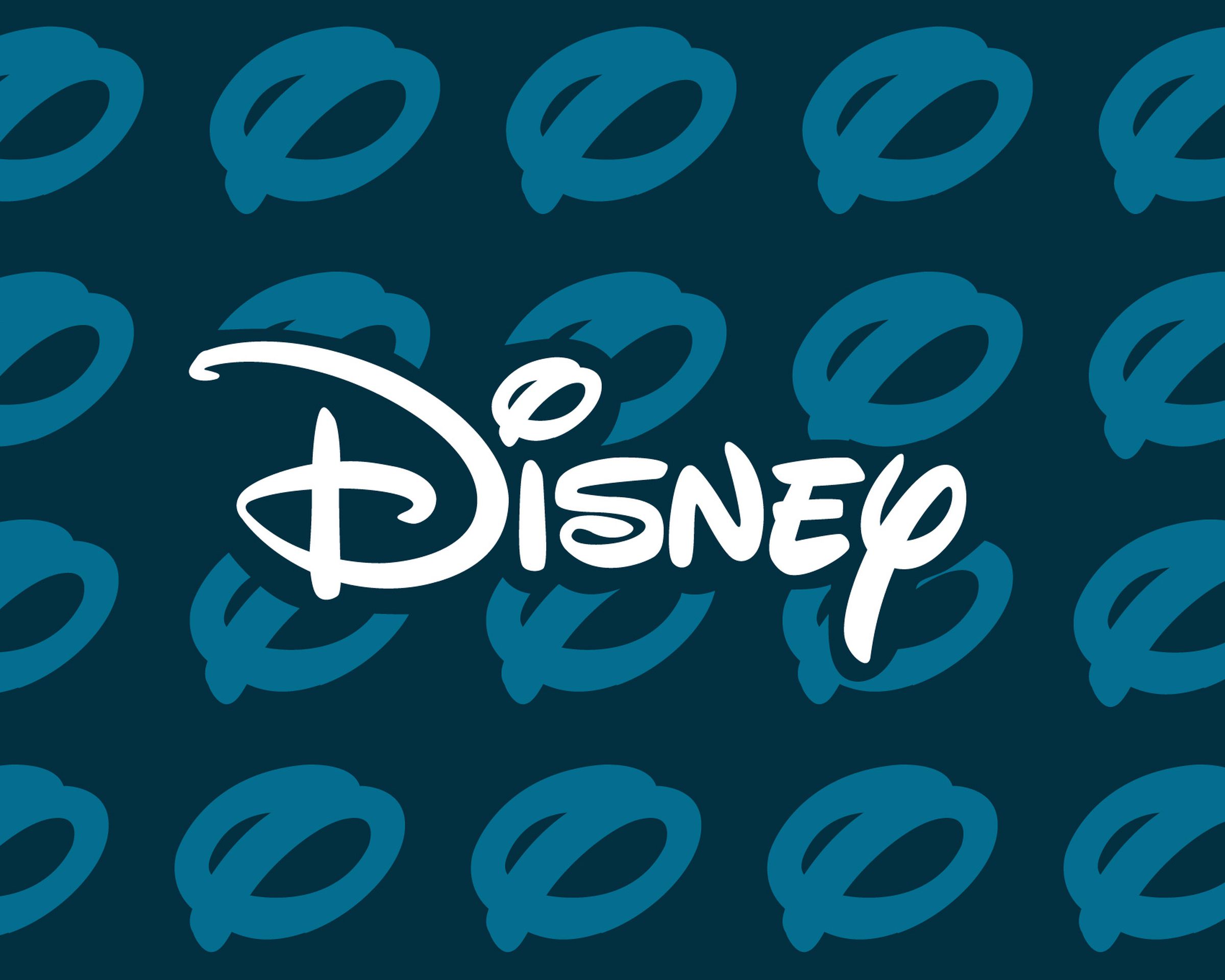 The Disney logo over a blue and black background with tiled circles in the style of Disney’s logo.