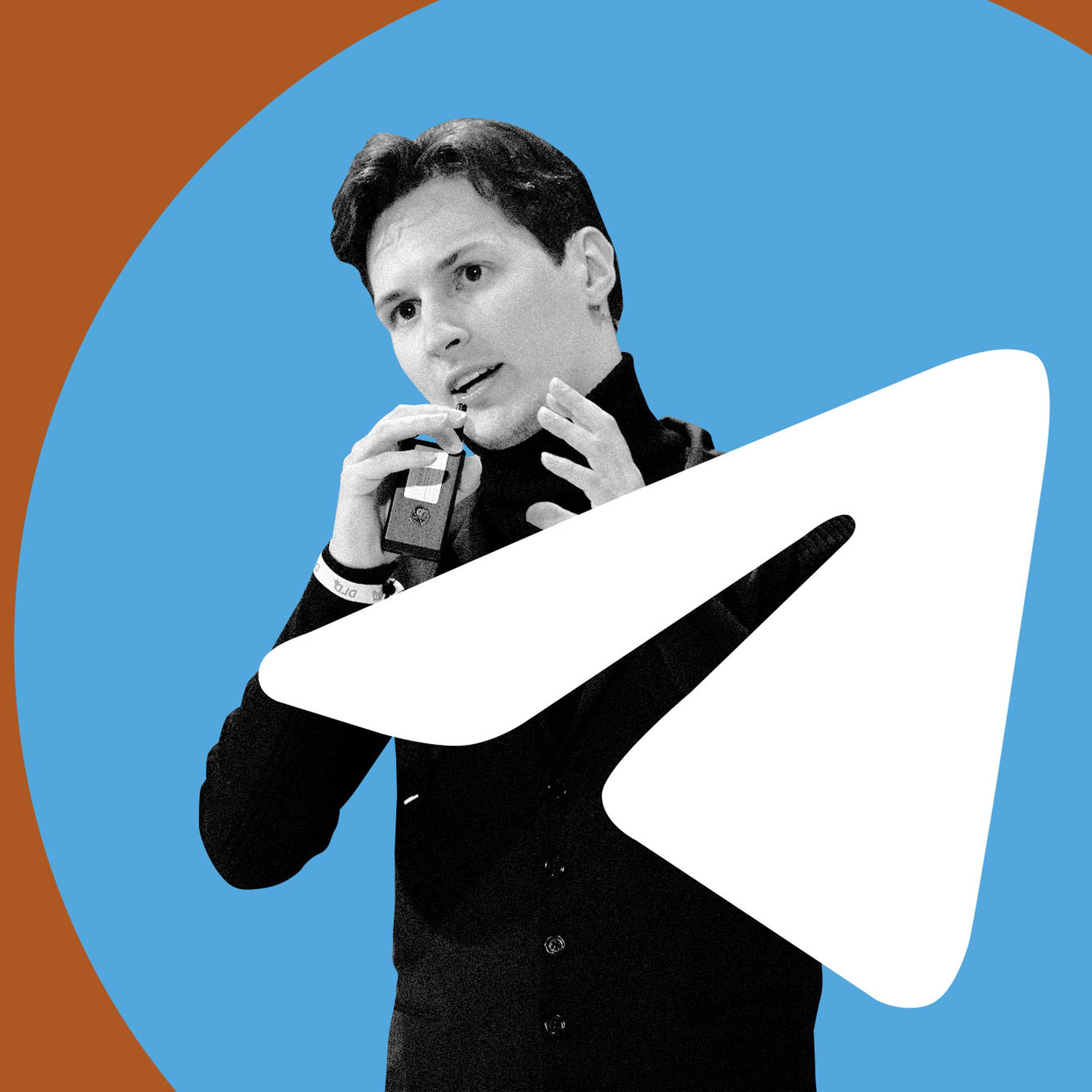 Photo illustration of Telegram CEO Pavel Durov with the Telegram logo.