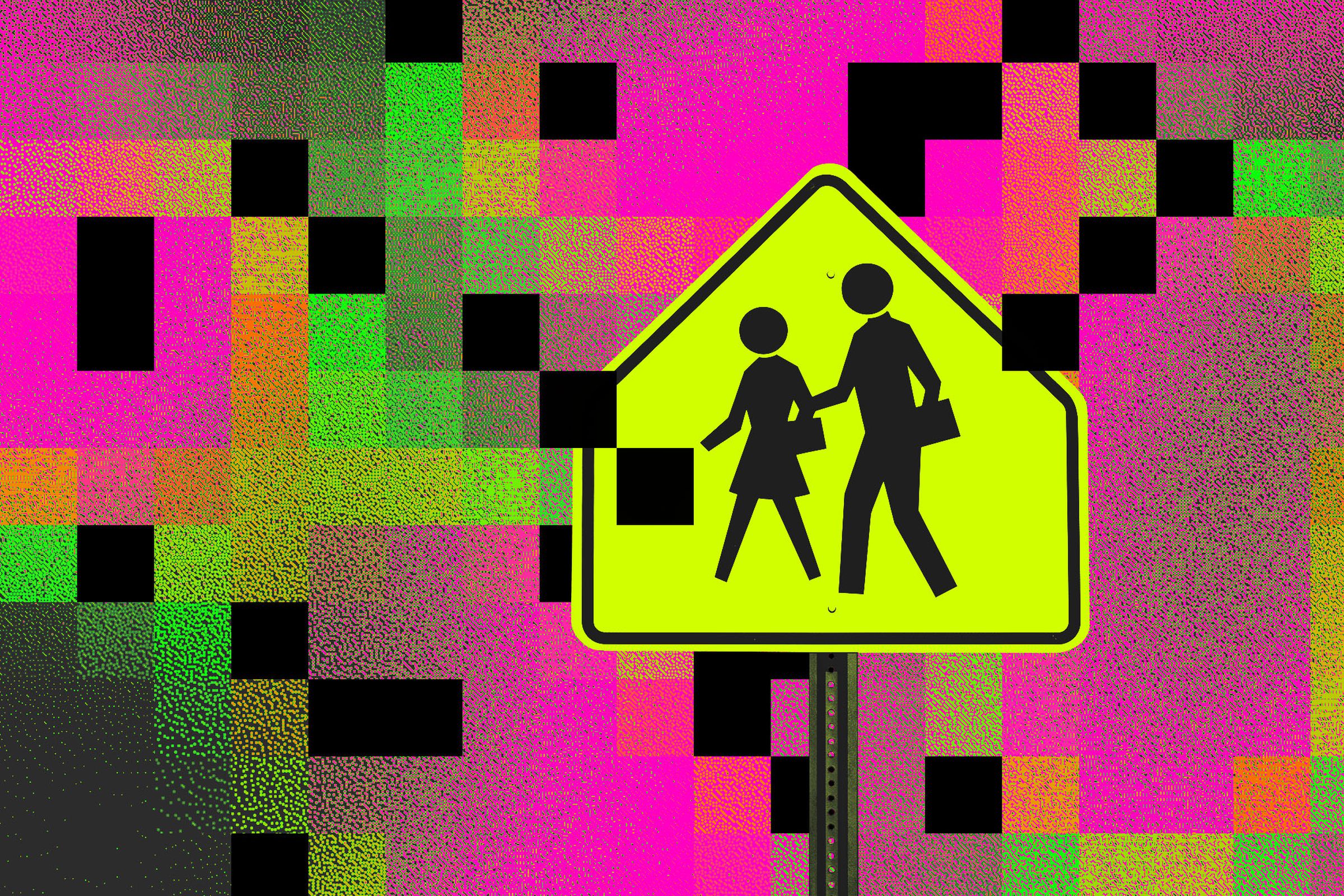 Graphic photo illustration of a school crossing sign.