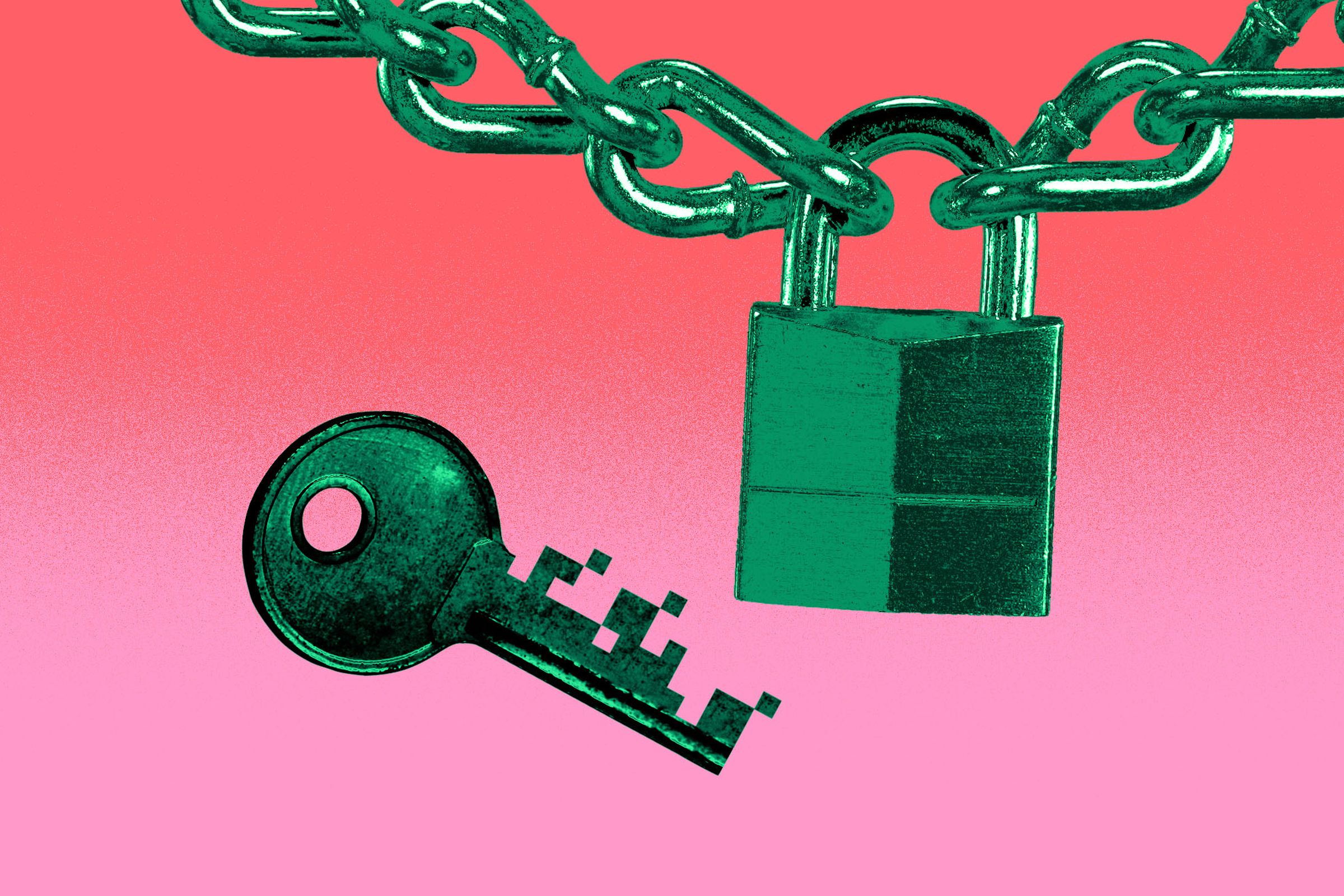 Illustration of a pixelated key next to a padlock and chain, implying online data security.