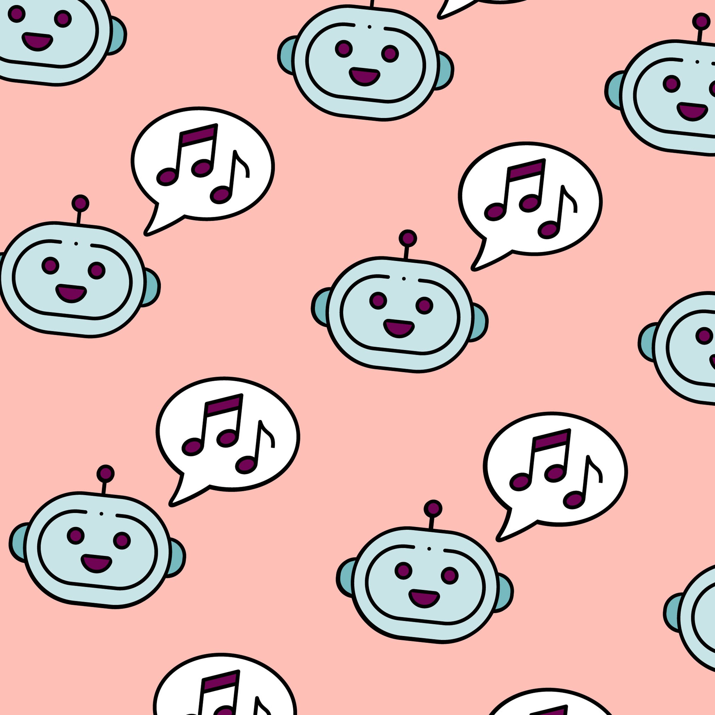 An image showing a slightly off-kilter grid of happy-looking robot faces with speech bubbles containing music notes.