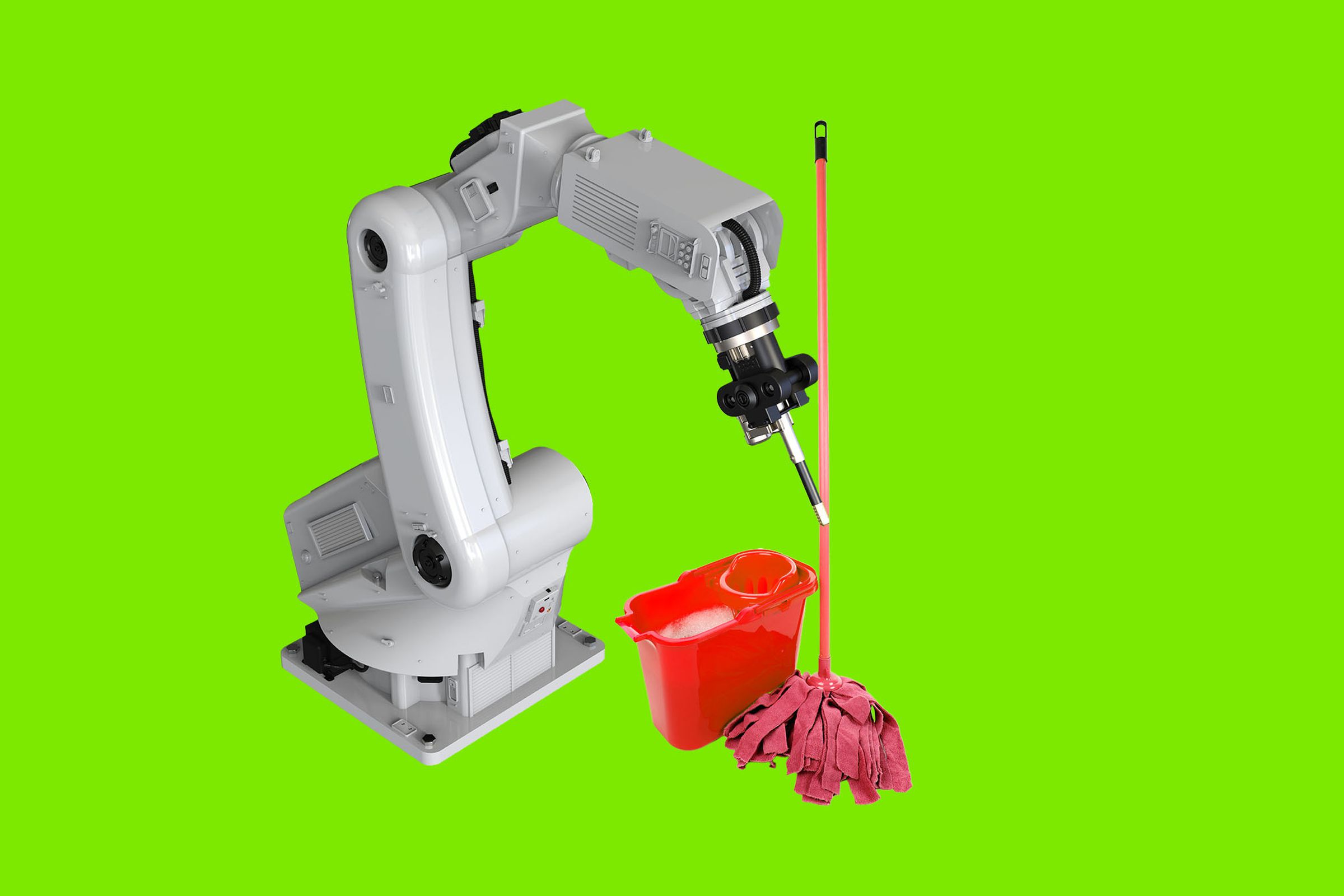 Robot arm, mop, and bucket on a green backround