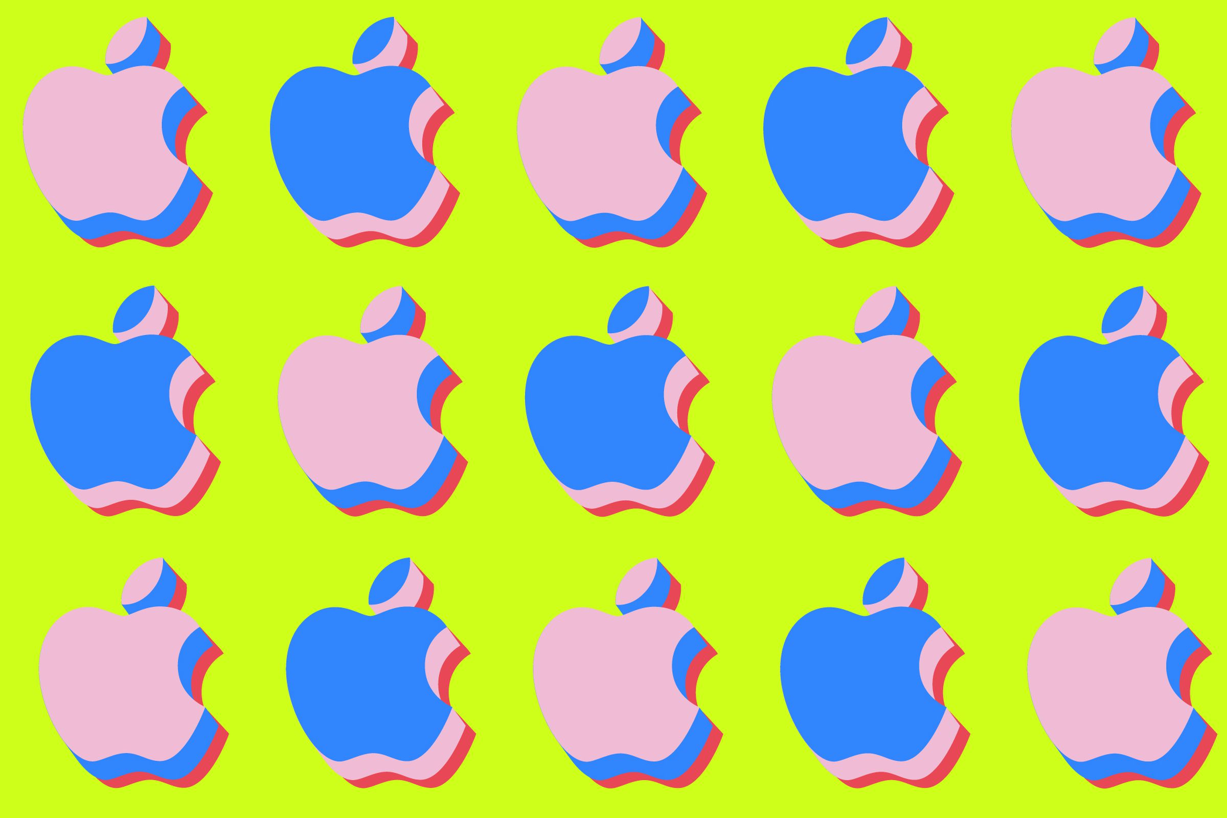 Illustration depicting several Apple logos on a lime green background.