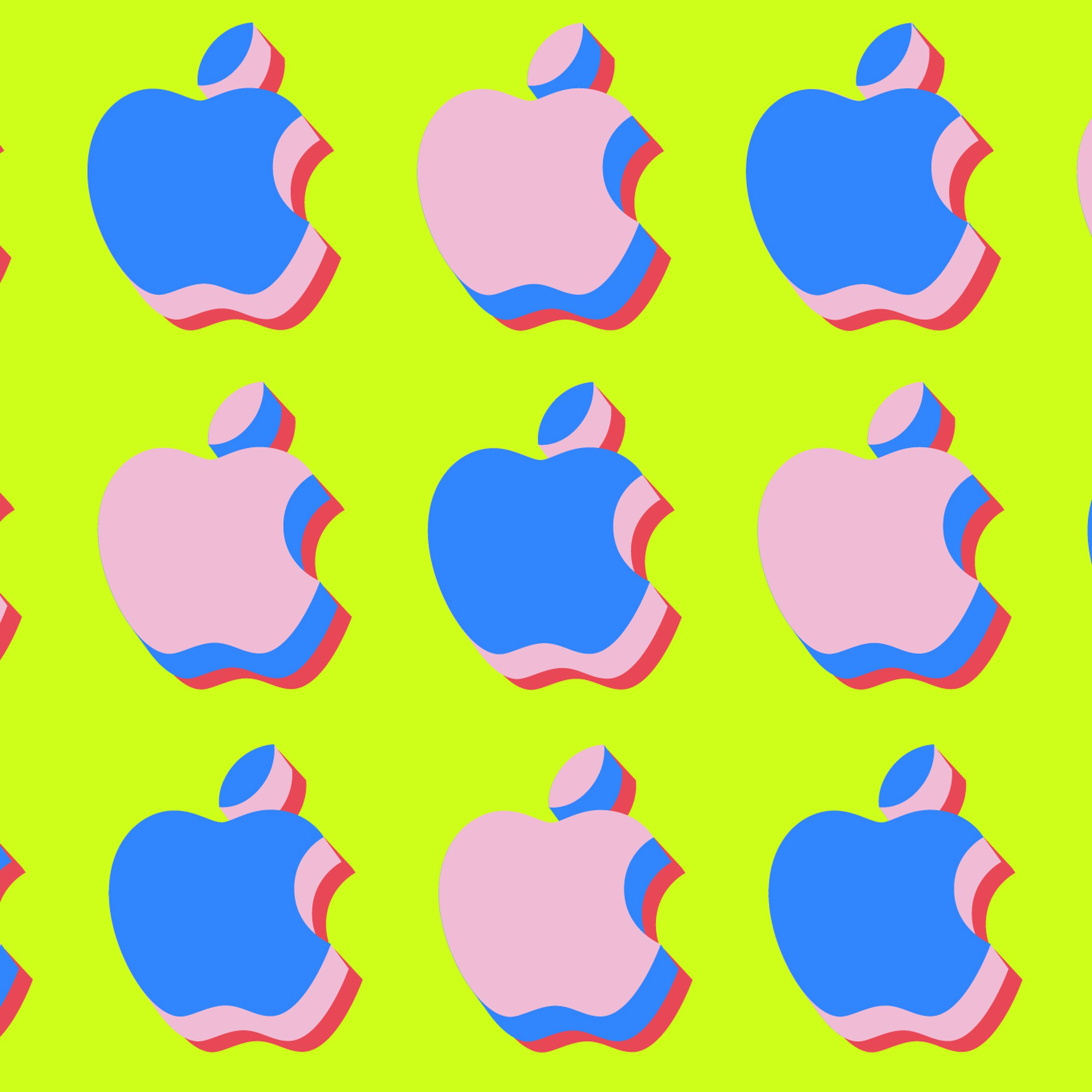 Illustration depicting several Apple logos on a lime green background.