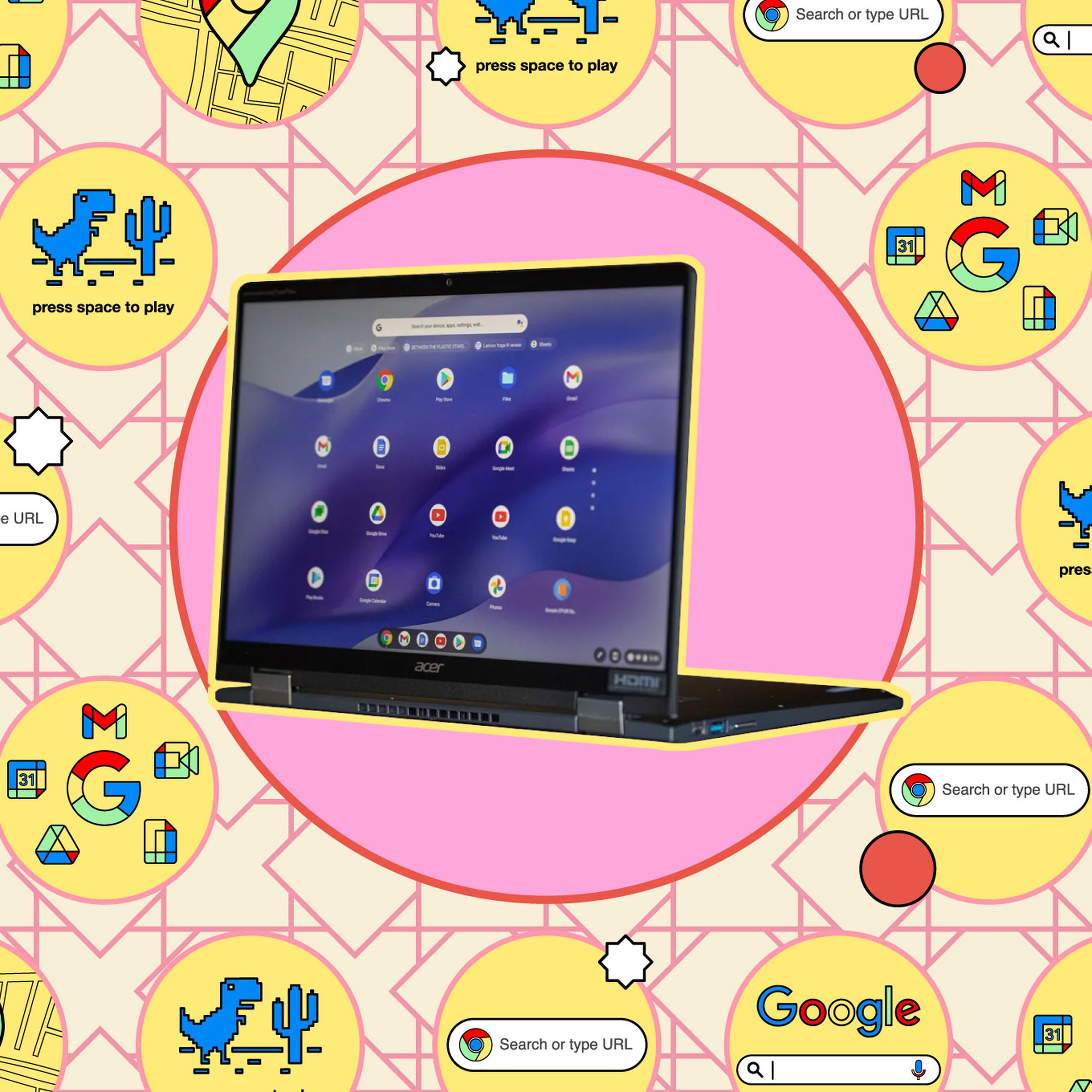 Chromebook in a pink circle against a yellow background with small icons.