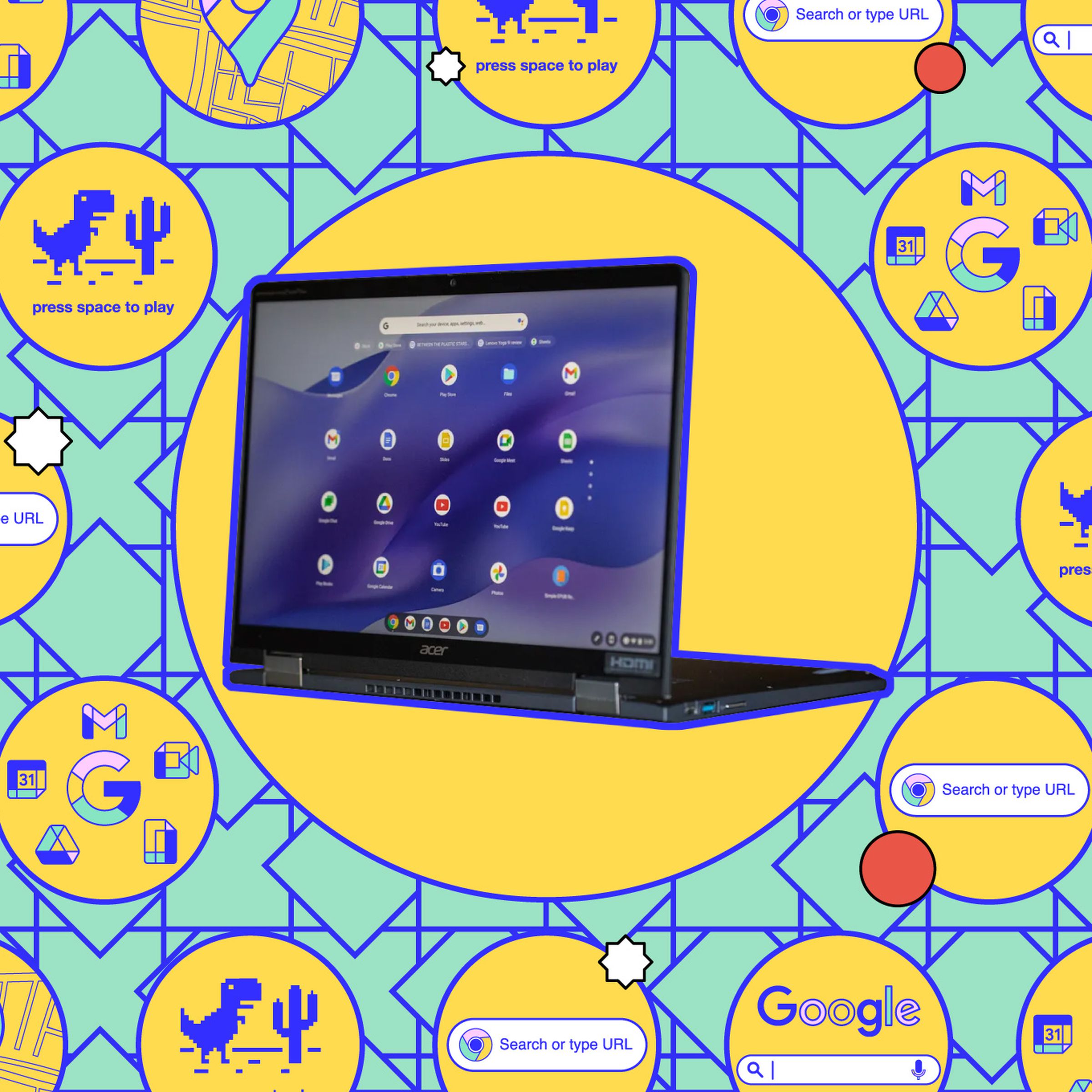 Chromebook against a background of small illustrations.