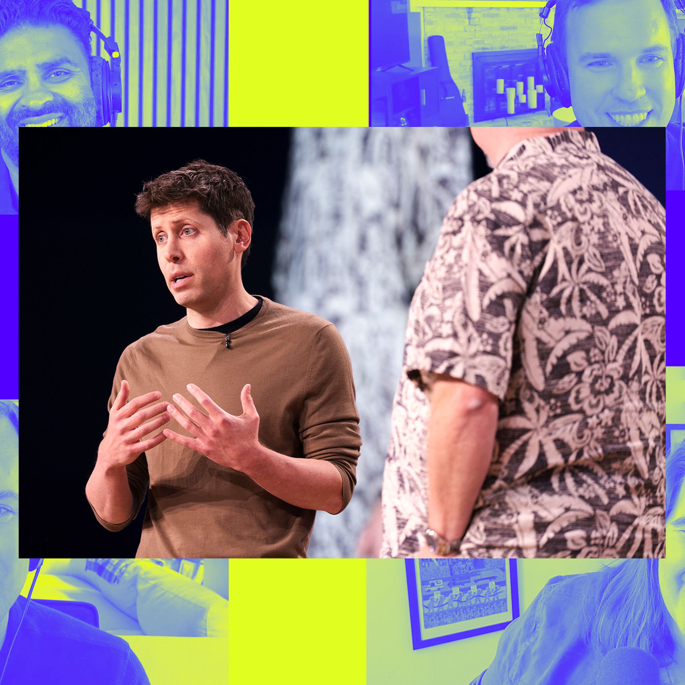 A photo of Sam Altman over a Vergecast illustration.